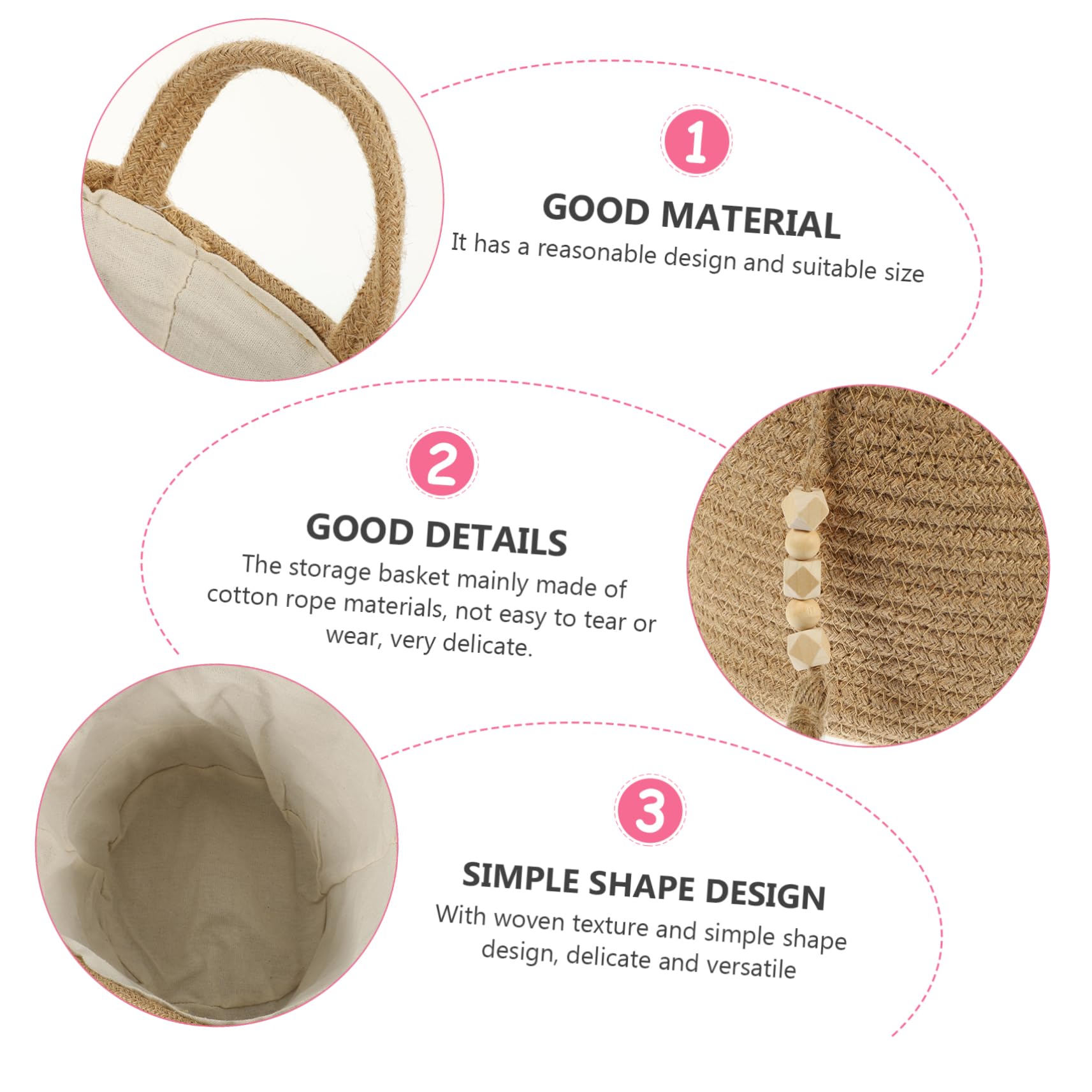 Cesto de Almacenamiento con Asa Cesta Tejida de Cuerda con Forro Cuentas de Madera Organizador Versátil para Ropa Snacks y Objetos Domésticos