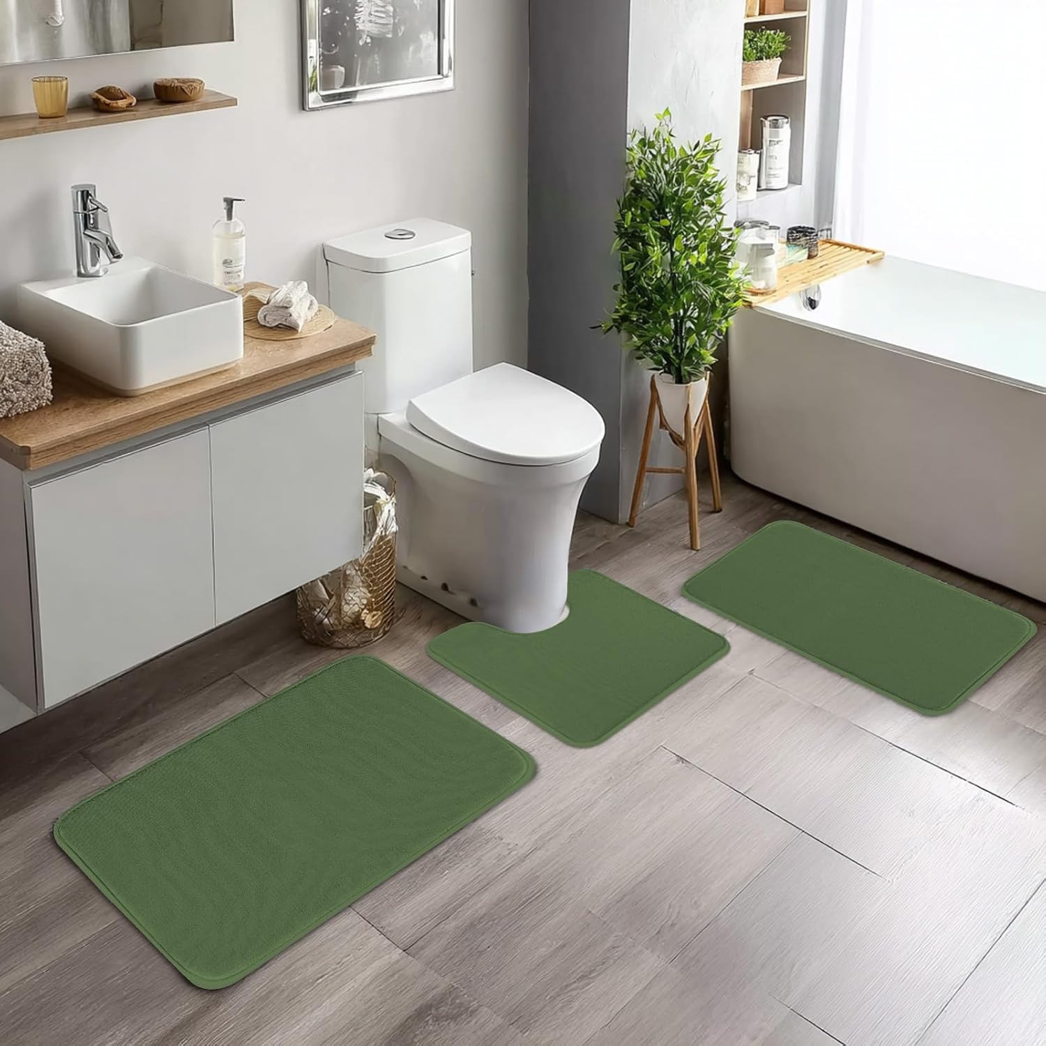 3Pcs Bathroom Rugs Set, Memory Foam Bath Mat Set, Soft Absorbent Non-Slip Bathroom Mats, Machine Washable Quick Dry Bathroom Decor - Perfect for Shower, Bathtub Green