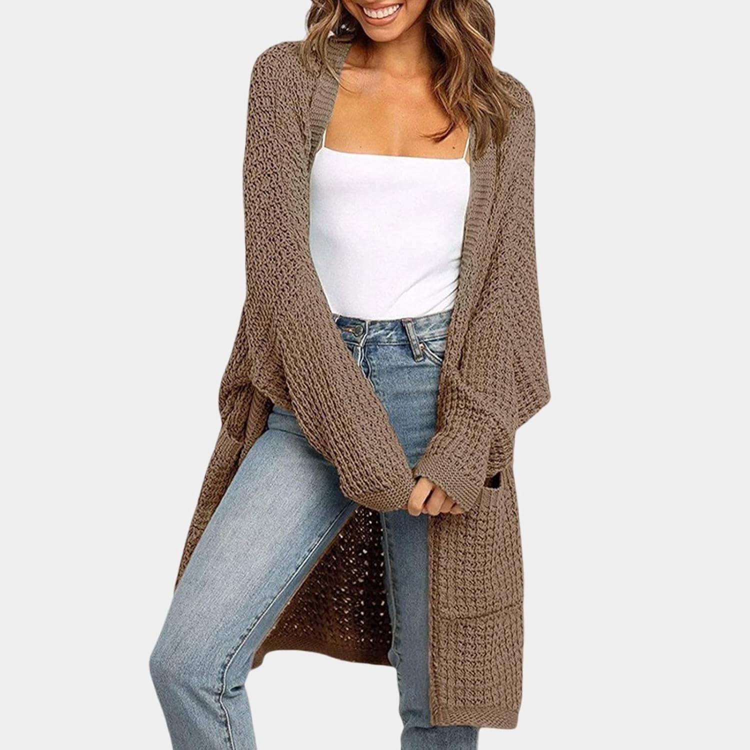 Women Cardigan Open Front Sweater Jacket Casual Loose Long Sleeve Chunky Cable Knit Cardigans Outwear Coats with Pockets