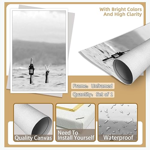 Miniatura 7 de Quark Póster feminista vintage de mujer divertida con vino en la playa, lienzo para pared, pintura con estampado de alcohol en blanco y negro,