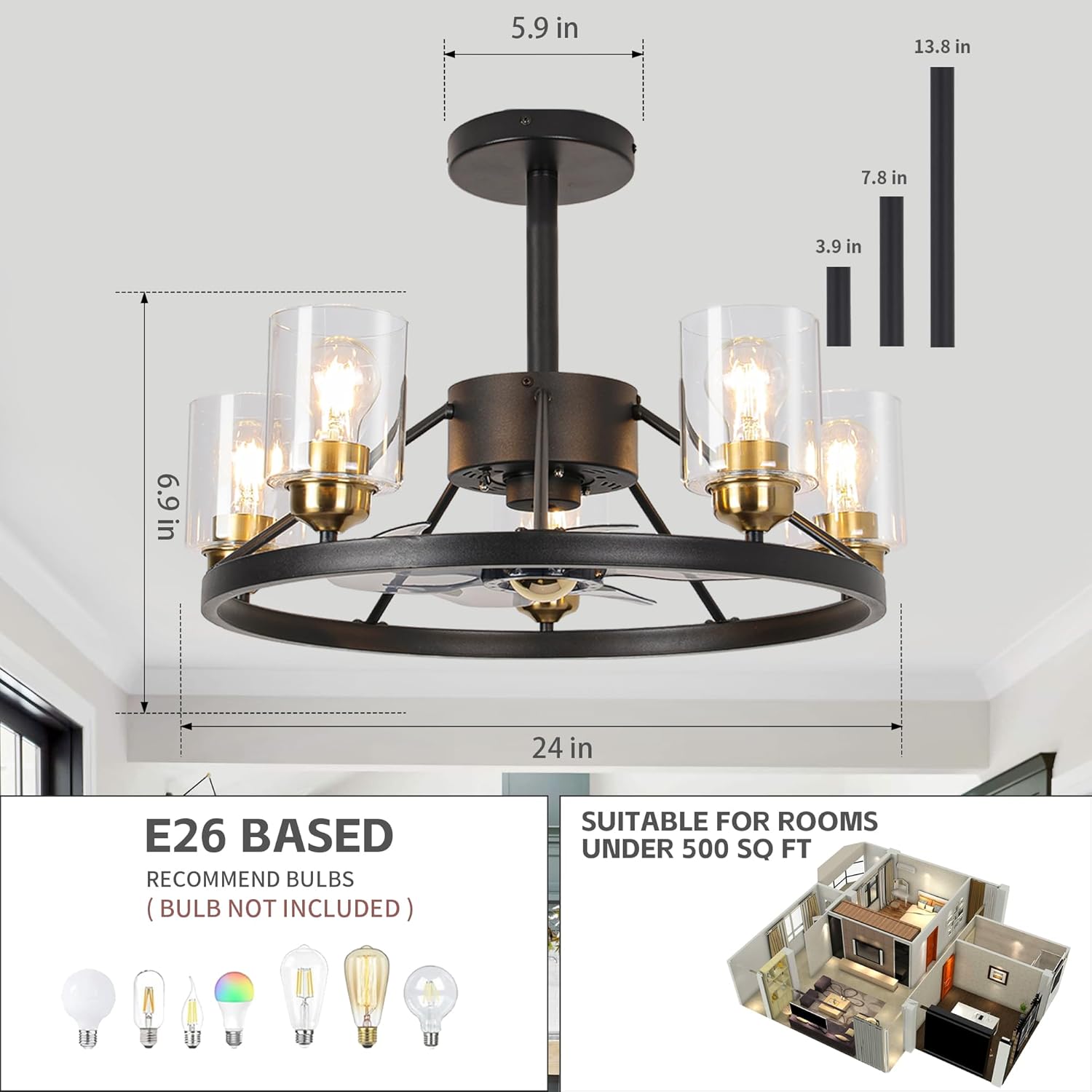chandelier ceiling fans with lights,24" fandelier with lights and remote, modern black gold chandelier fan with 5 glass lampshades,fandelier for dining room bedroom living room kitchen