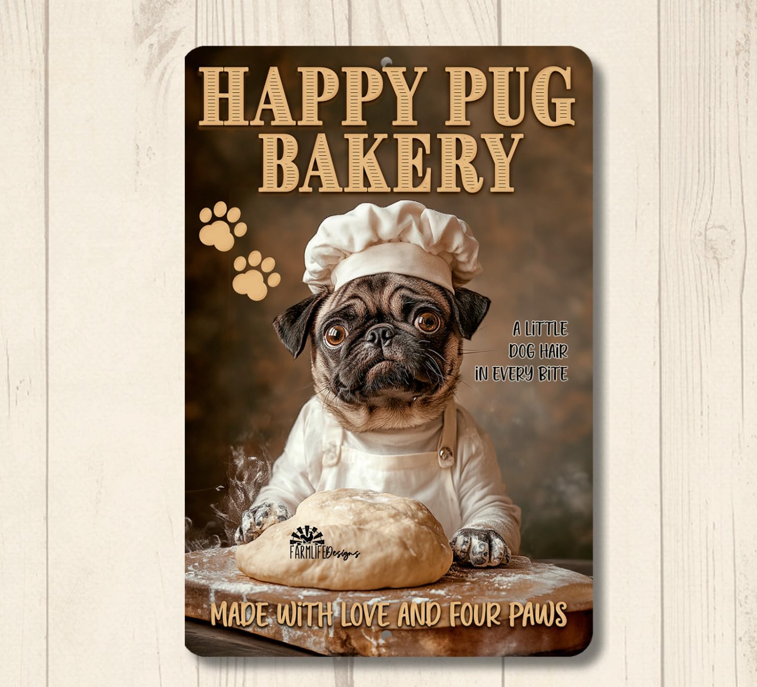 Pug Bakery happy dog baking cooking chef funny metal tin wall art kitchen plaque home decor