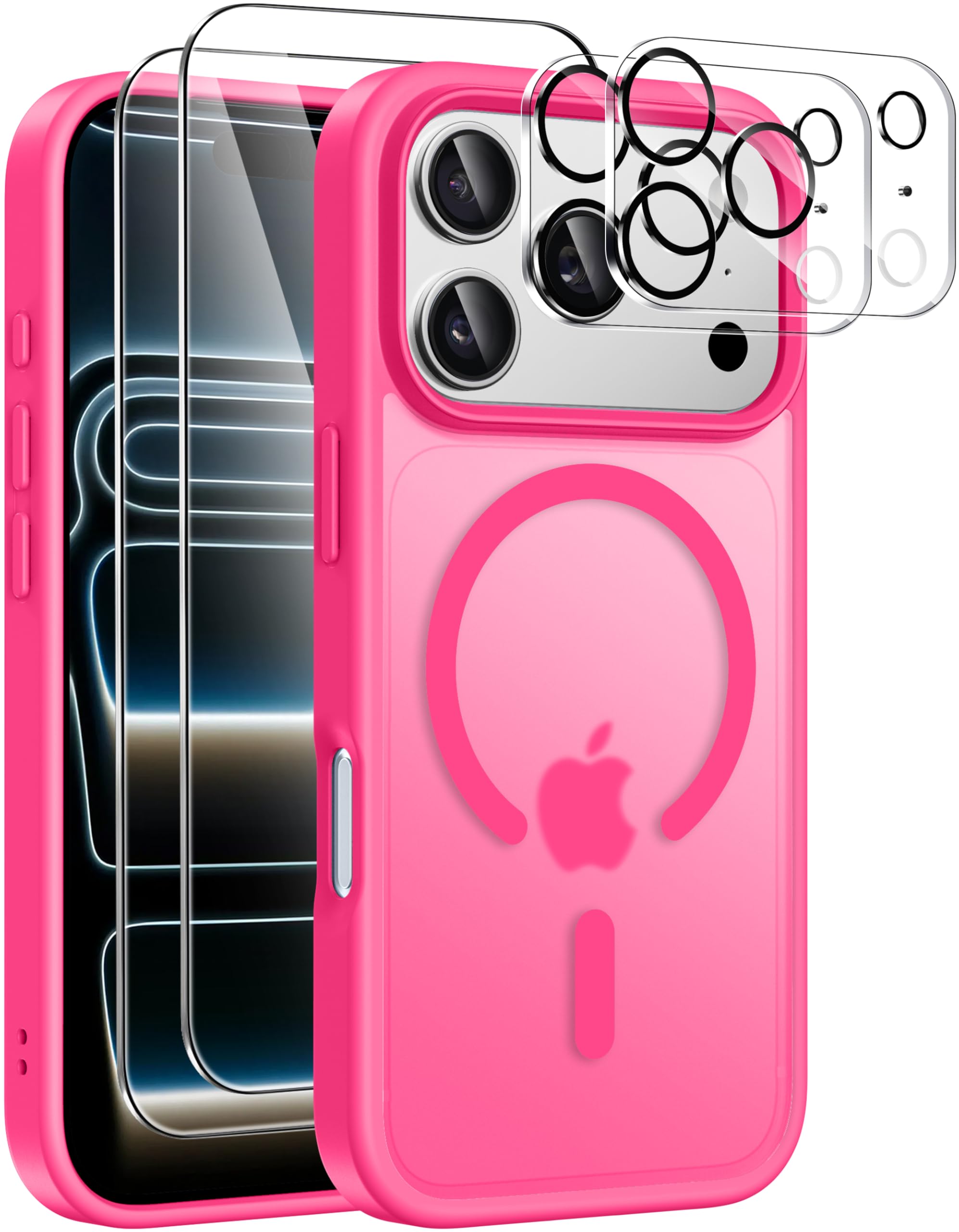 ivencase Magnetisch Matt Hülle Kompatibel mit iPhone 17 Pro Max Hülle für Mag Safe mit 2 Stück Kameraschutz und 2 Stück Schutzfolie Hard PC Militärnorm Schutz Transluzente Handyhülle - Leuchtend Rosa