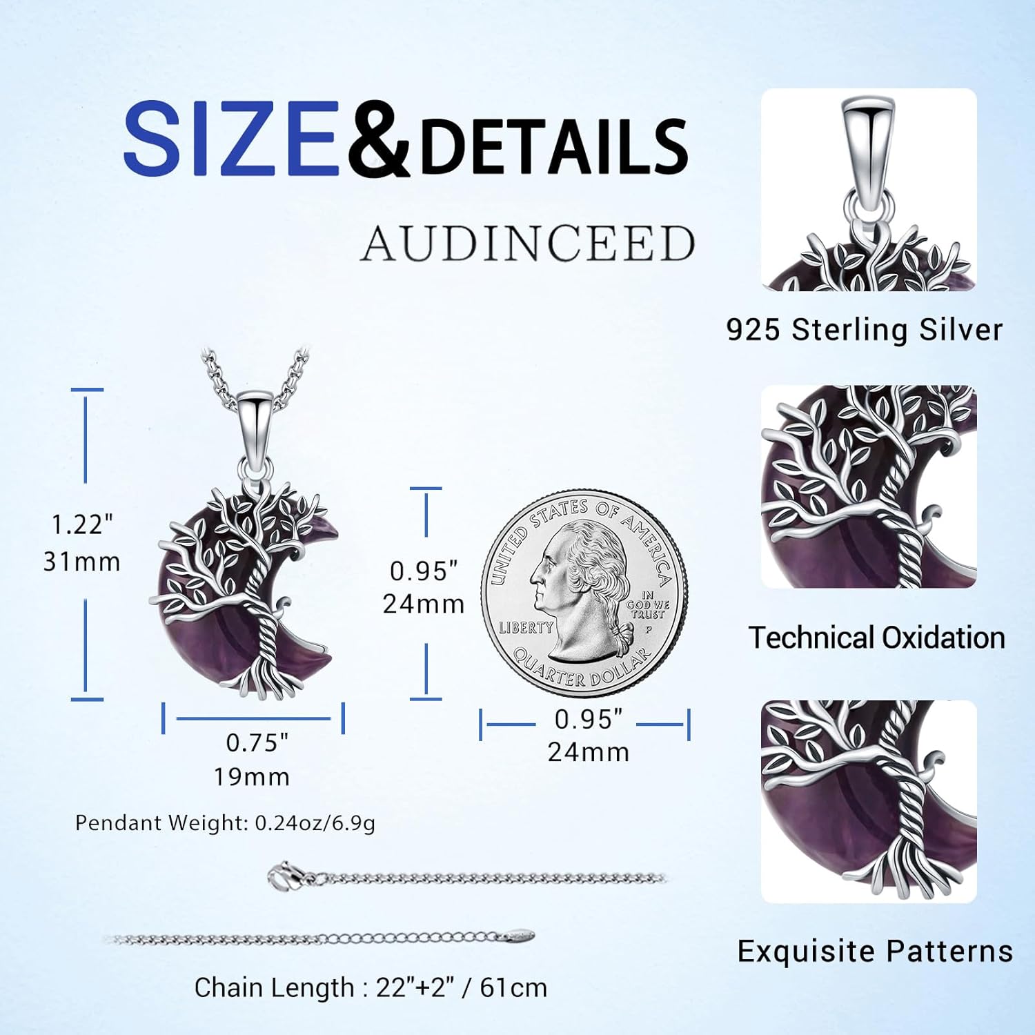 925 Sterling Silver Tree of Life Necklace, Crescent Moon Pendant with Amethyst, Moon Crystal Healing Jewelry Gift for Women