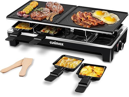 Miniatura 10 de CUSIMAX Raclette Grill Mesa de parrilla eléctrica, portátil 2 en 1 parrilla coreana de interior y queso Ractlette, placa reversible antiadherente,