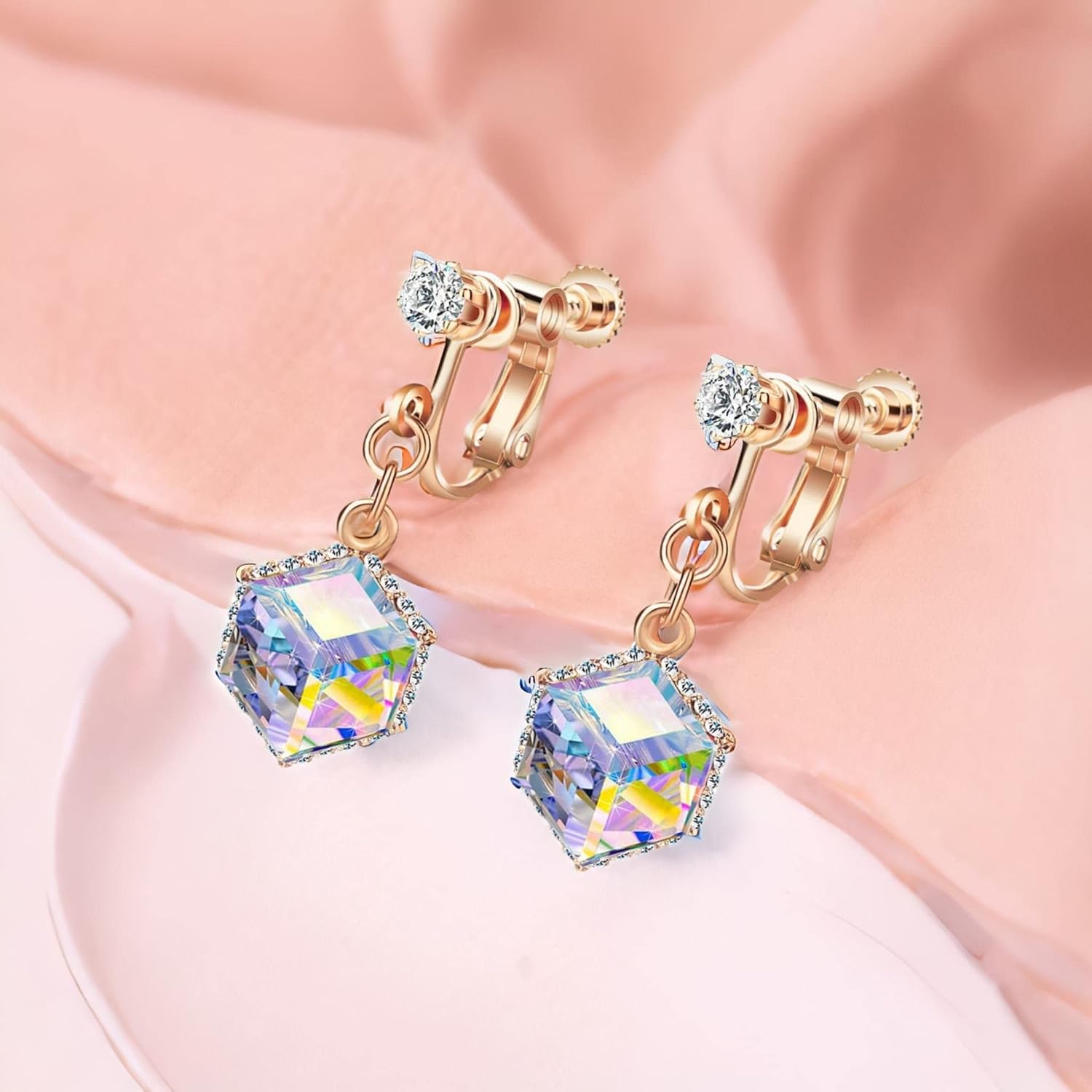 Cube Austrian Crystal Drop Clip On Dangle Earrings for Women Non Pierced 14K Rose Gold Plated Hypoallergenic Jewelry - Image 5