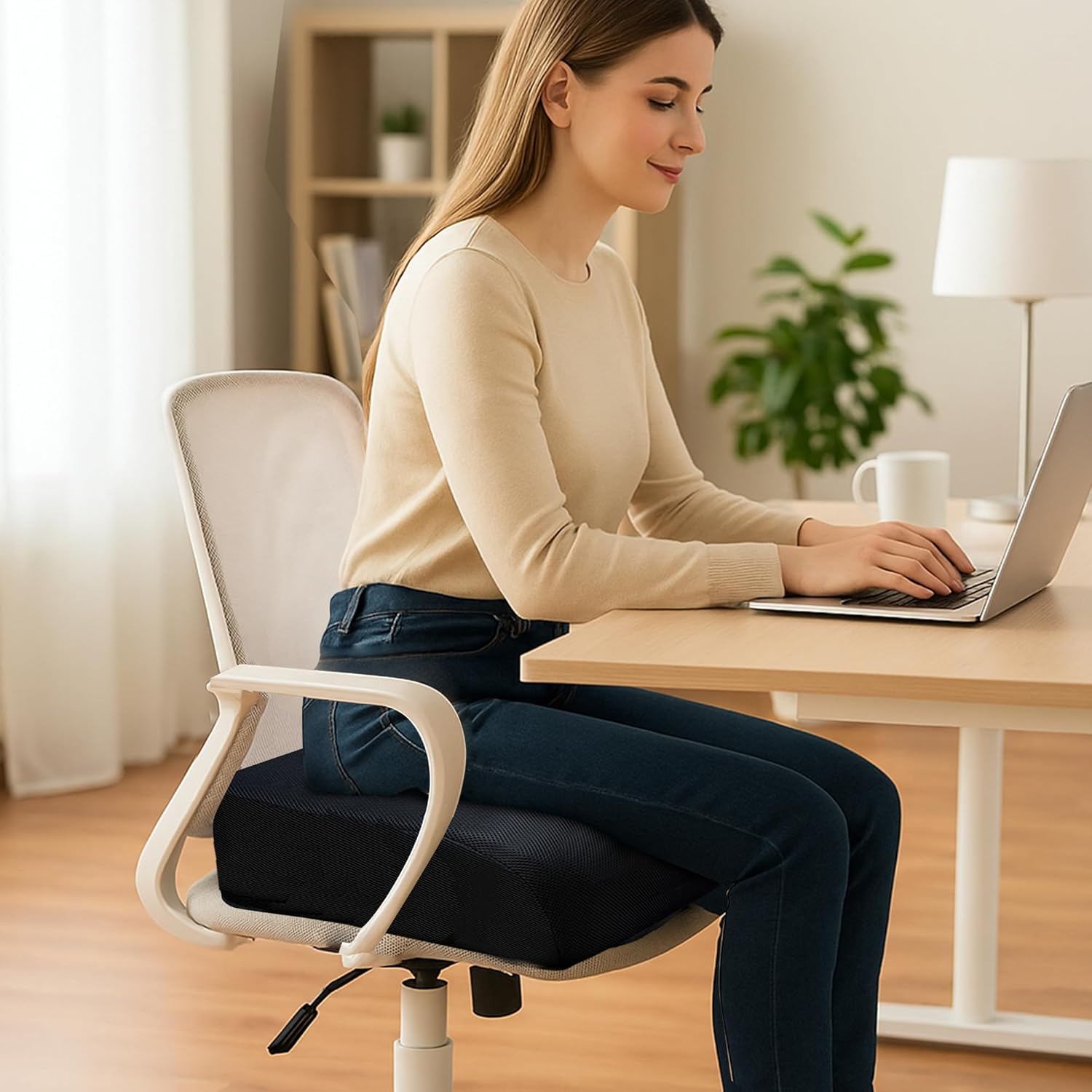 6" Extra Thick Memory Foam Office Chair Cushion – 2-Layer Booster Seat for Back & Tailbone Pain Relief, 18 x 16 x 6in Non-Slip Cushion with Carry Handle for Wheelchair, Car, and Airplane