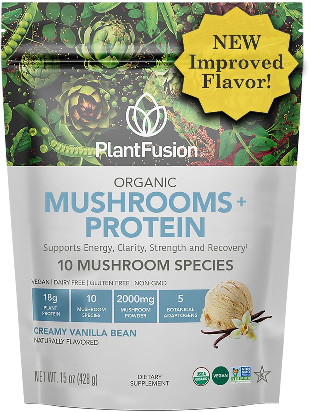 Mushroom Protein Powder - 3 in 1 Vegan Protein Powder, Mushroom Supplement, and Adaptogen Supplement - Support Mental Focus, Immunity, and Recovery - Vanilla 1lb