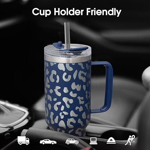 Miniatura 6 de COKTIK Vaso de 40 onzas con asa y tapa con popote, tapa 2 en 1 (con pajilla  abatible), vaso de viaje de acero inoxidable con aislamiento al vacío