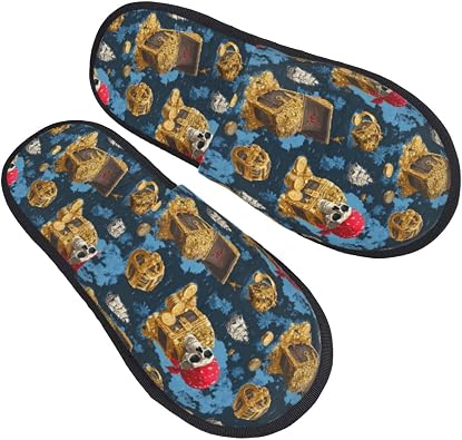 Navy Blue Skull Nautical Print Slippers for Women Men, Cute House Shoes Fuzzy Dorm Bedroom Slippers for Women IndoorL