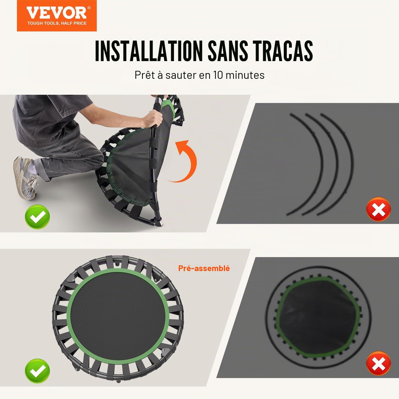 VEVOR Mini Trampoline Pliable, 934 mm, Fitness rebounder, Charge maximale 100 kg, Petit Trampoline d'entraînement d'intérieur Stable et Silencieux, pour Exercice, entraînement, Fitness pour Adultes