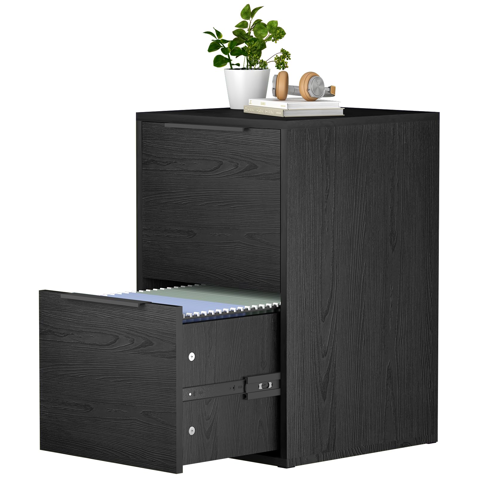 Two Drawer File Cabinet, Black Wood Filing Cabinets for Letter Size/Hanging Files, Small Under Desk File Cabinets for Home Office, Assembly Required