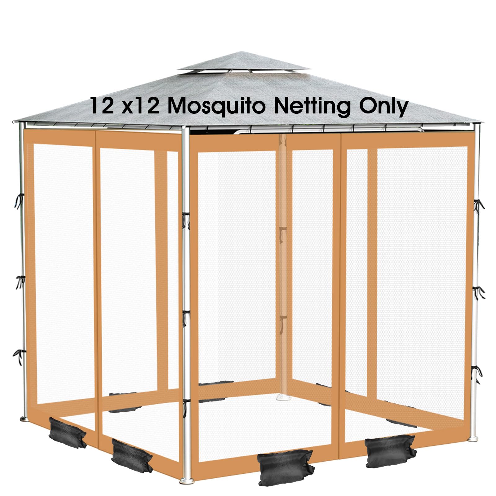ShowyLive 12x12 Patio Umbrella Mosquito Netting with Zipper 4 Doors & 8 Weight Bag - Adjustable Polyester Mesh Bug Screen for Outdoor Umbrellas,