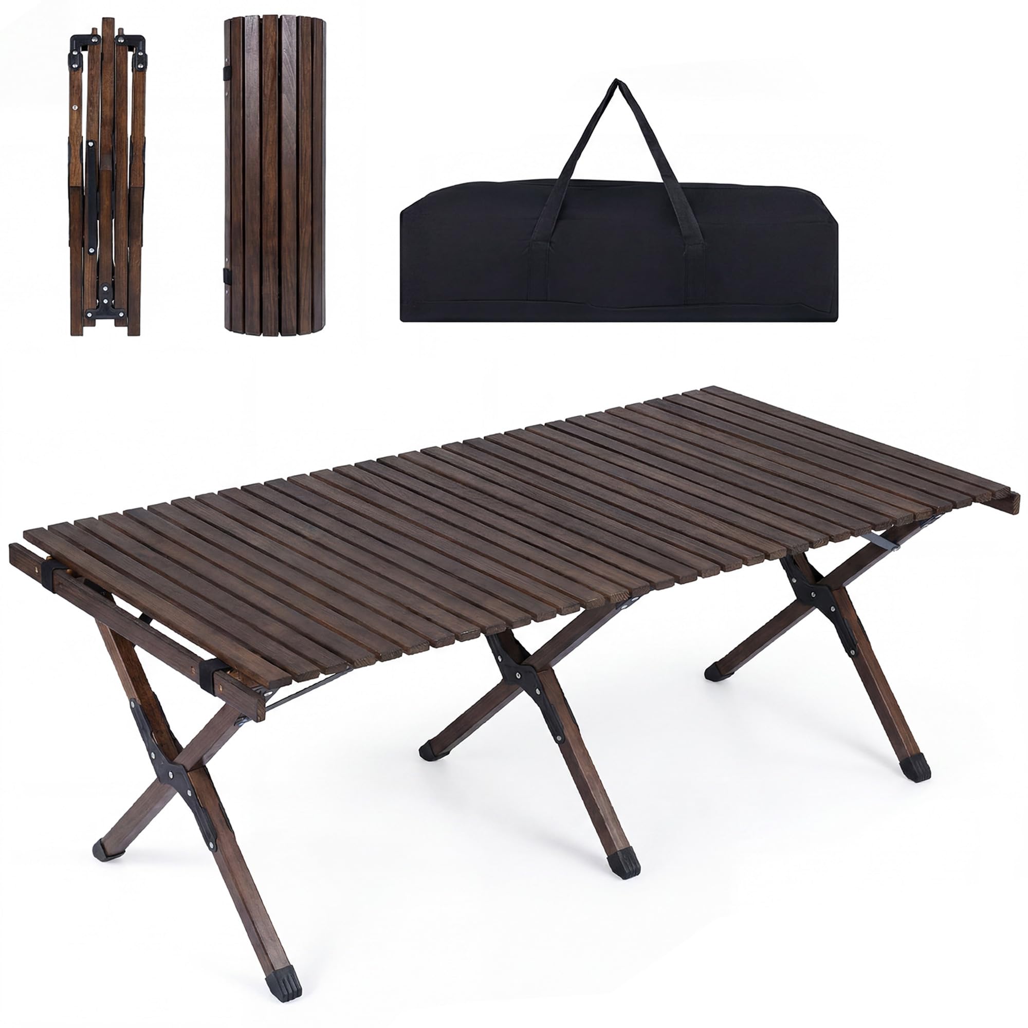 HOMASIS Table Pliante 4-6 Personnes en Bois de Pin, Table Pique Nique Enroulable Portable avec Sac de Transport&Cadre en X, pour Camping, Barbecue, Fête, Jardin, Charge 70kg, 122x60x45cm (Café)