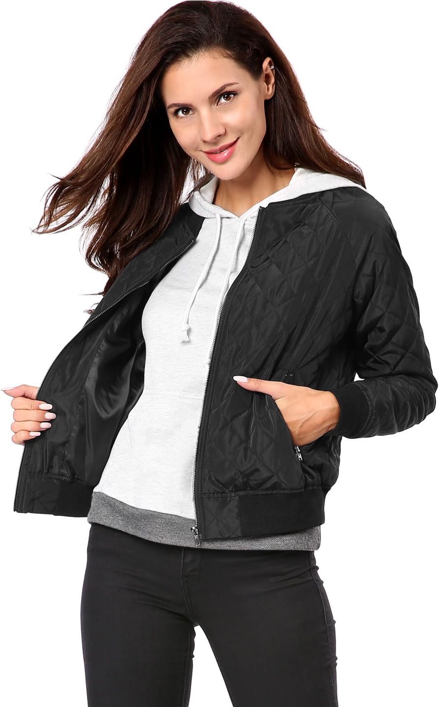 Allegra K Women's Quilted Zip Up Raglan Long Sleeve Bomber Jacket - Image 3