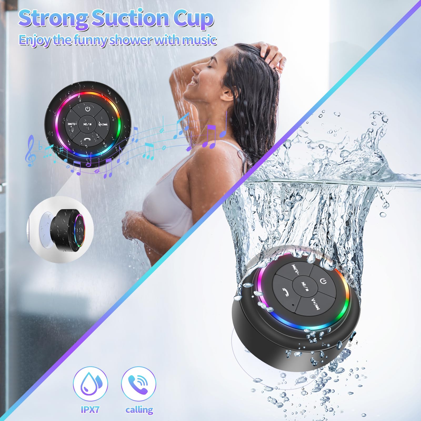 Bluetooth Duschlautsprecher, Tragbare Bluetooth Lautsprecher mit Saugnapf, IP67 Wasserdicht Lautsprecher mit LED Licht, Kabellos, Schwimmend, für Camping Strand Reisen, Geschenk für Männer