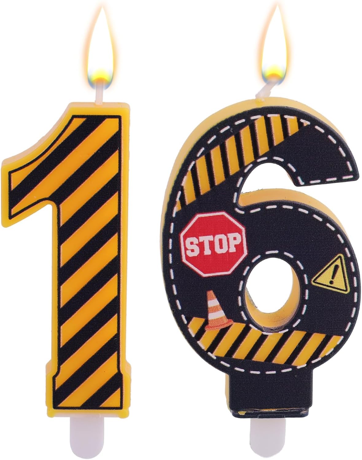 Caution Logo Number 16th Birthday Candles, Yellow and Black Striped Candle