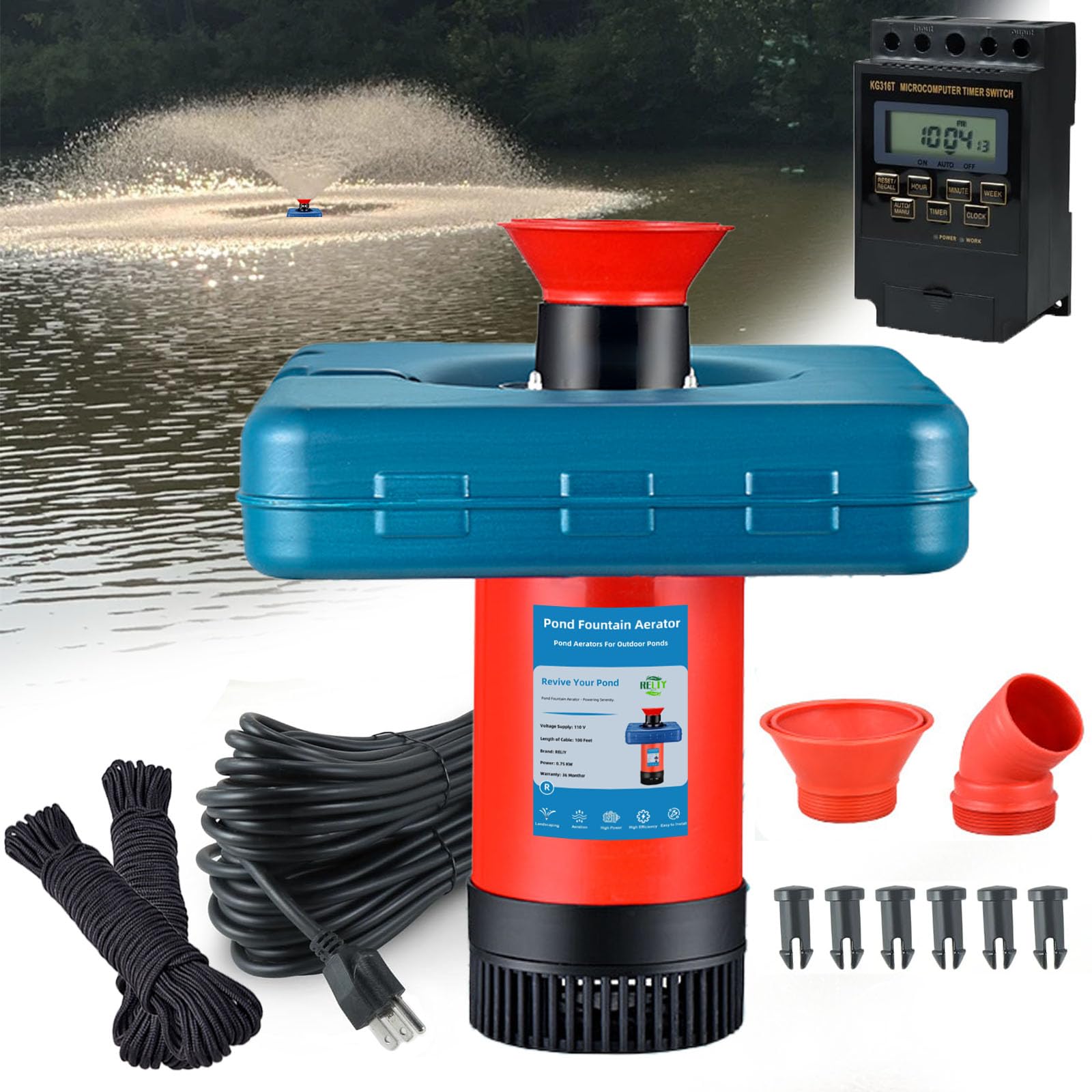 Pond Fountain Aerator with Time Switch - 110V, 0.75KW/1HP, 15000 GPH Pump. Fully Automatic Lake Floating Fountain With 100 - Foot Power Cord And Two 100 - Foot Guide Ropes for Large Ponds and Lakes.