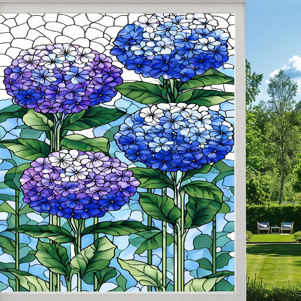 Rural Flowers Frosted Window Film, Natural Hydrangea Plants Stained Glass Privacy Film, Heat Insulation Self-Adhesive Vinyl for Bathroom Office, （55x100cm）