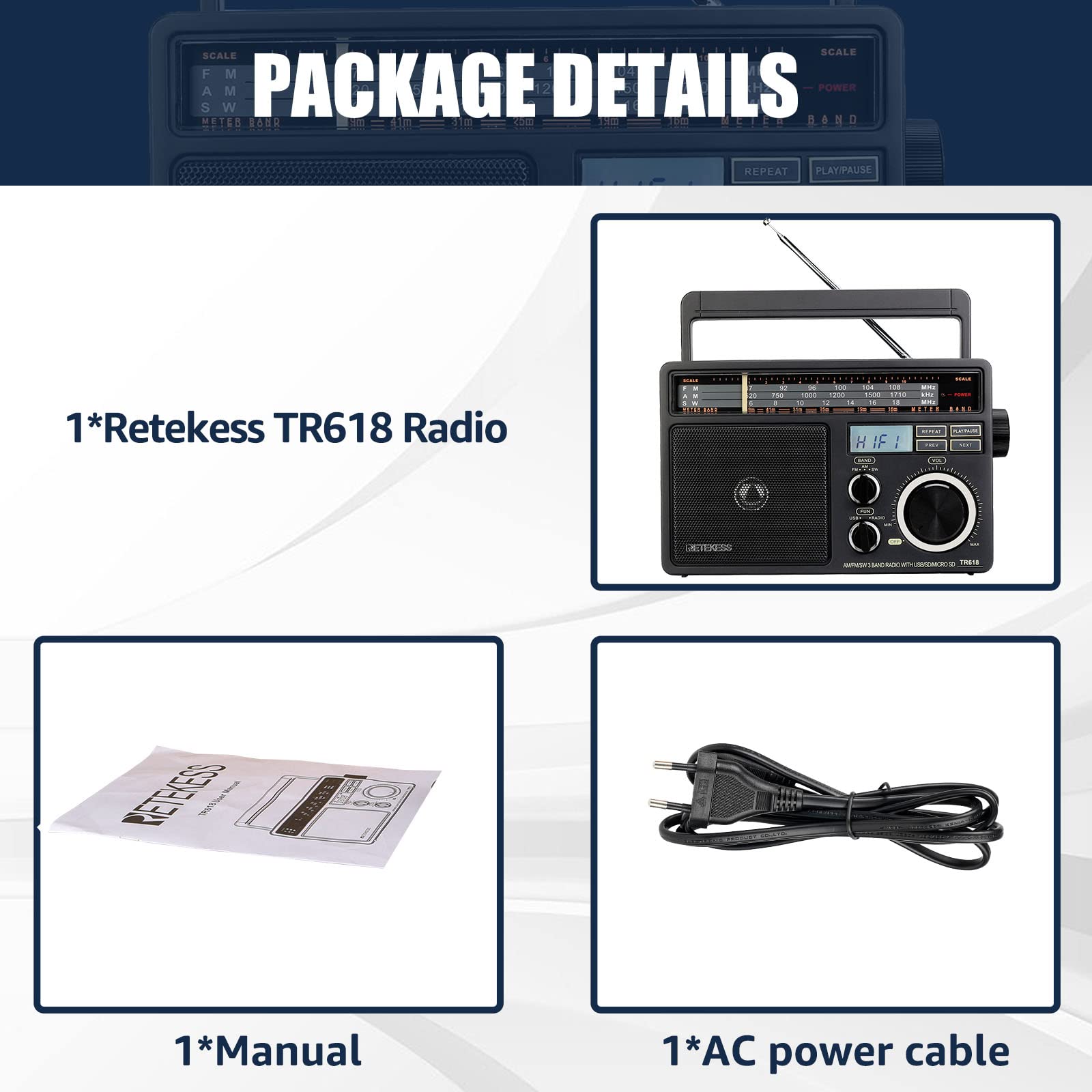 Retekess TR618 Poste Radio Portable, Radio Pile et Secteur, Transisitor FM AM SW, Lecteur MP3 USB SD TF, Prise de Casque, pour Personnes Âgées (Gris Foncé)