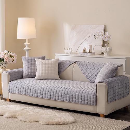 Miniatura 3 de Funda de sofá de franela mullida para perros, lavable y antideslizante, funda de sofá modular para mascotas para sofá de 3 cojines, respaldo y