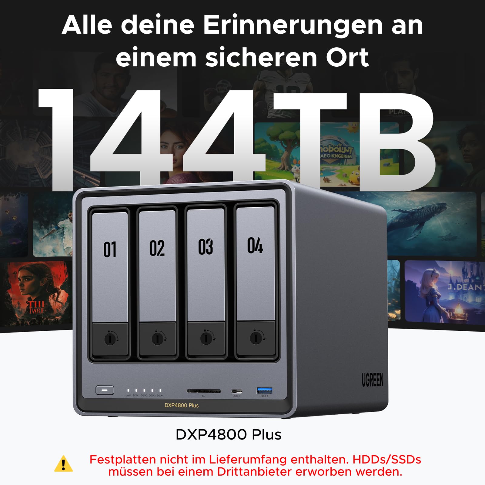 UGREEN NASync DXP4800 Plus, 4-Bay Desktop-NAS, Intel Pentium Gold 8505 Prozessor mit 5 Kernen, 8 GB DDR5 RAM, Eingebaute 128GB-SSD, 10GbE & 2.5GbE LAN, 2 × M.2 NVMe-Slots, HDMI 4K (ohne Festplatten)