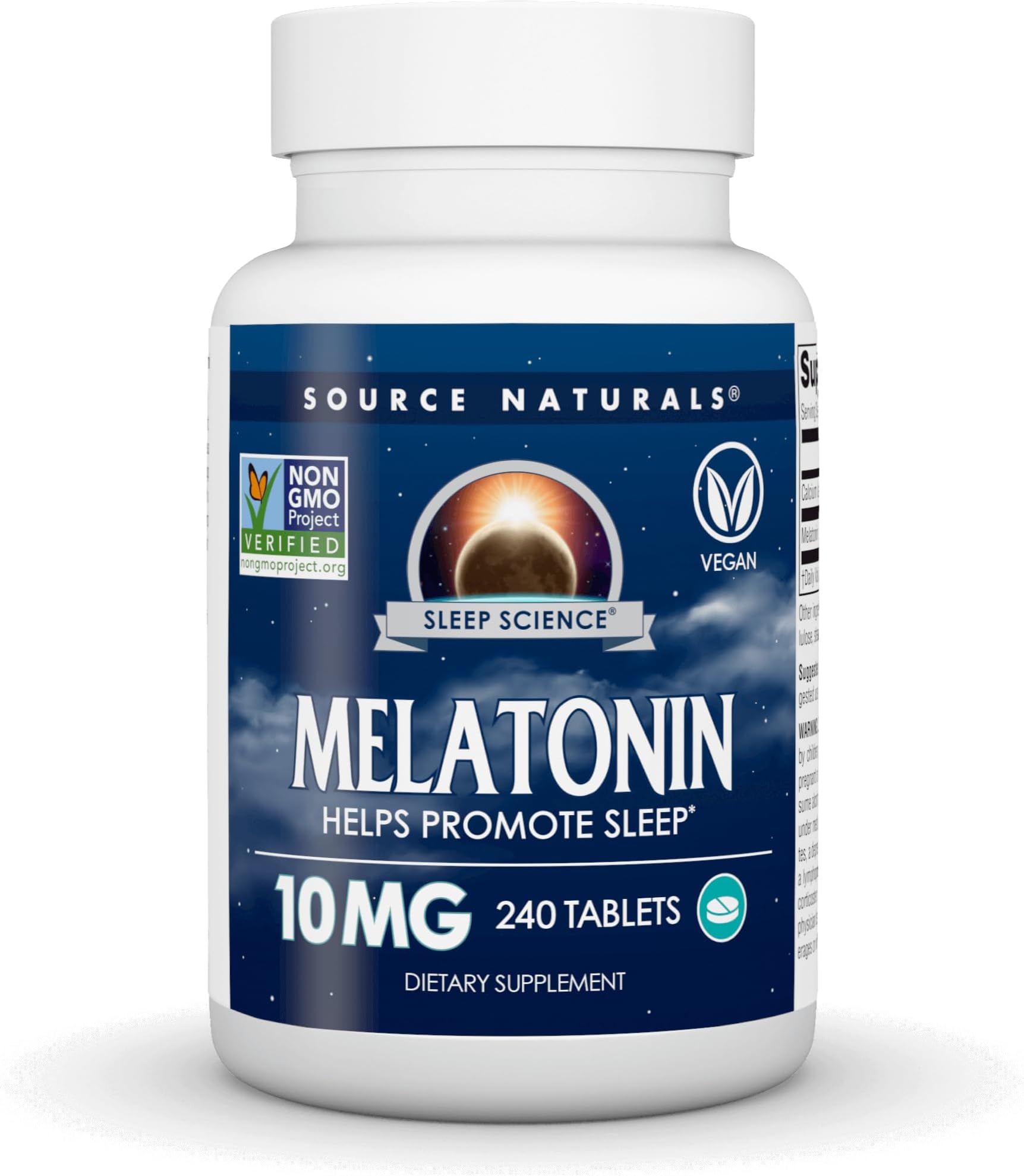 Source Naturals Sleep Science Melatonin, Non-GMO Validated - Helps Promote Sleep* - 10 mg - 240 Vegan Tablets