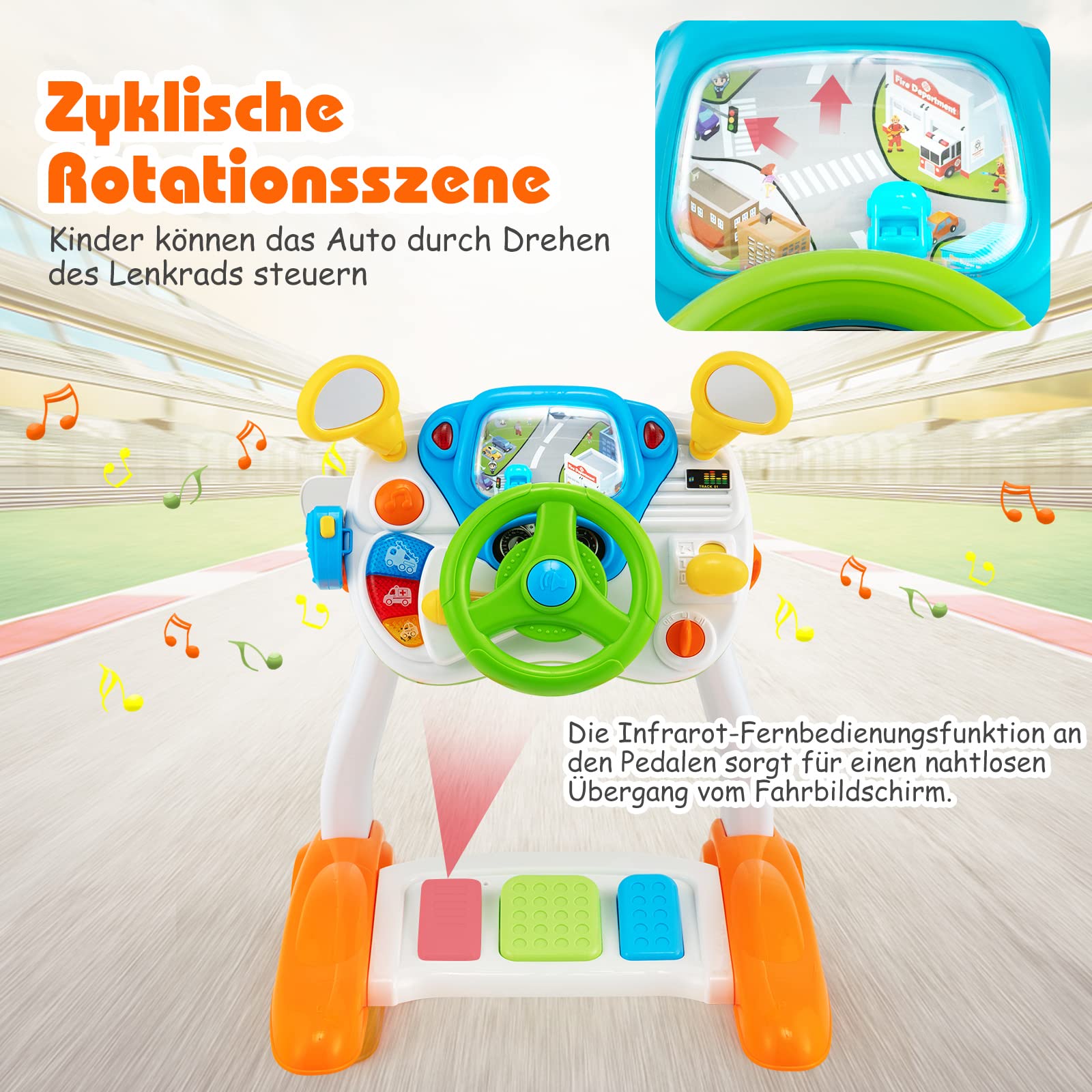 DREAMADE Musikspielzeug zum Cockpit-Thema, Spielzeug Kinder ab 3 Jahre, Lenkrad-Spielzeug mit zyklischer Drehszene, Musik, Sirenengeräuschen & Lichtern