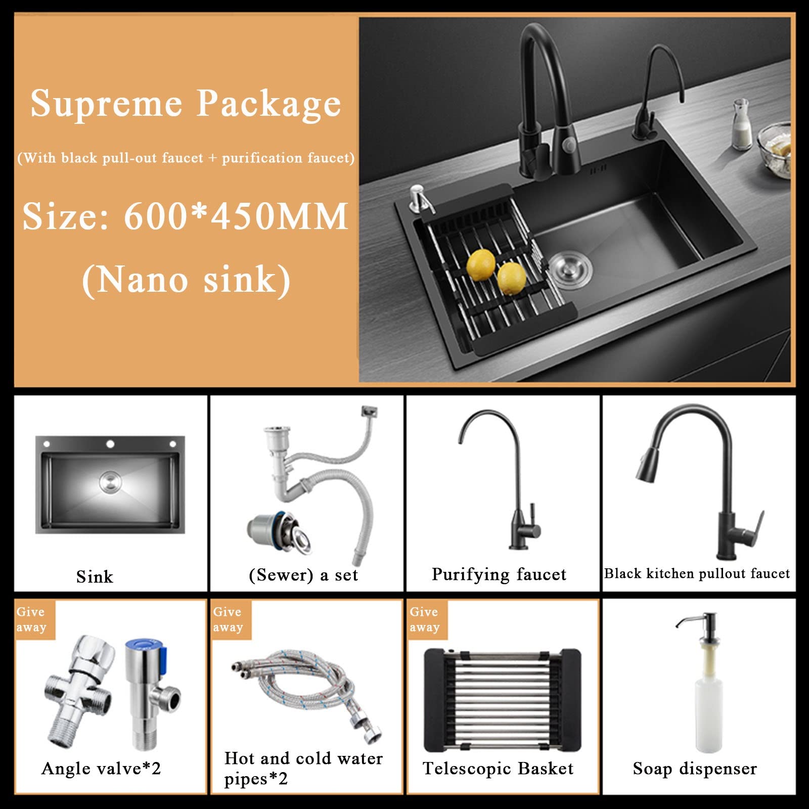 Lavello da Cucina Lavello Rettangolare in Acciaio Inossidabile Nero, 19,7-31,5 Pollici Rubinetto * 2, cestello allungabile, distributore di Sapone lavello da Cucina Bar lavello