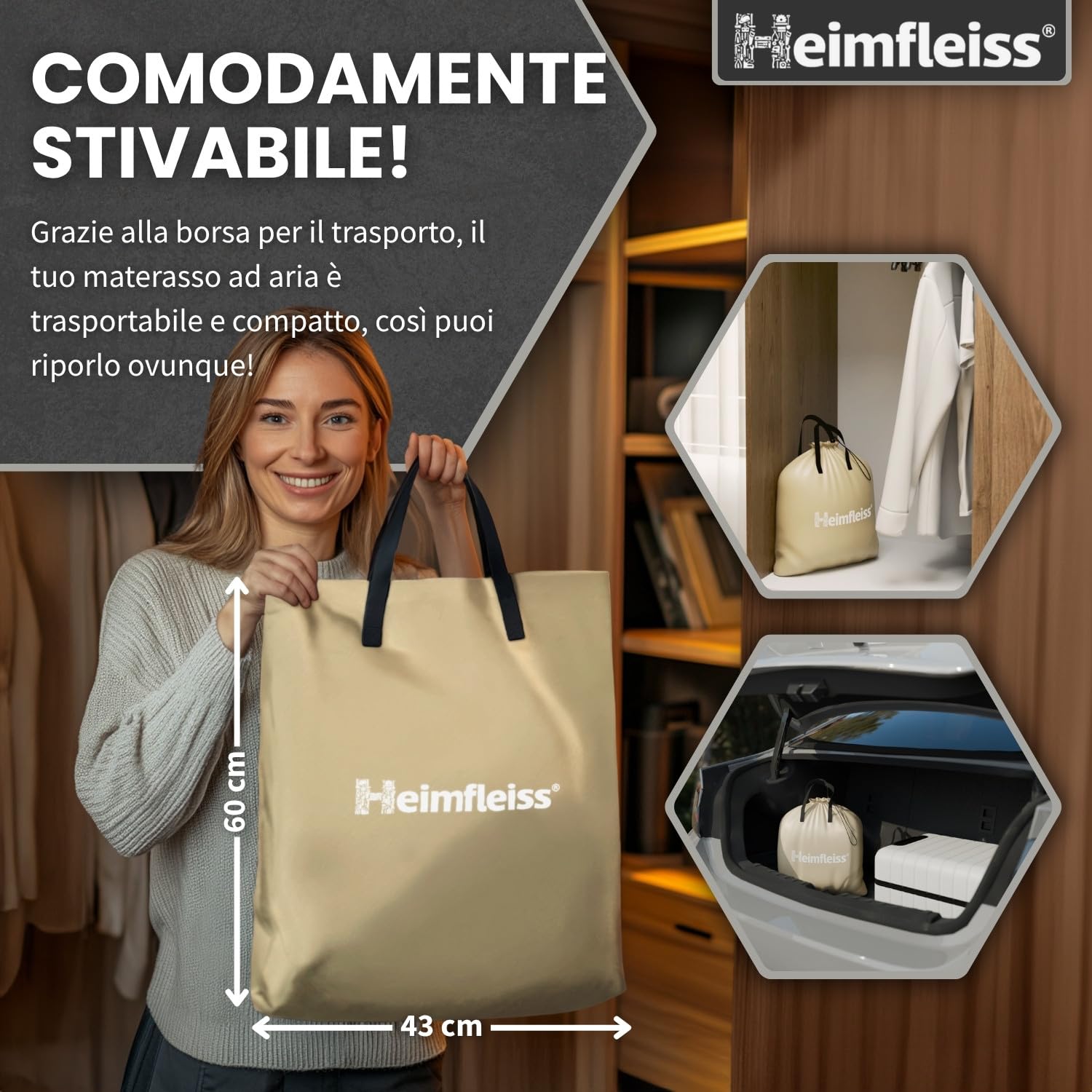 Heimfleiss® Materasso Gonfiabile Singolo 100x200x45 cm | Letto Gonfiabile Singolo per Ospiti, Casa e Campeggio | Materassino Autogonfiante Premium con Pompa e Superficie Inferiore Antiscivolo | Beige
