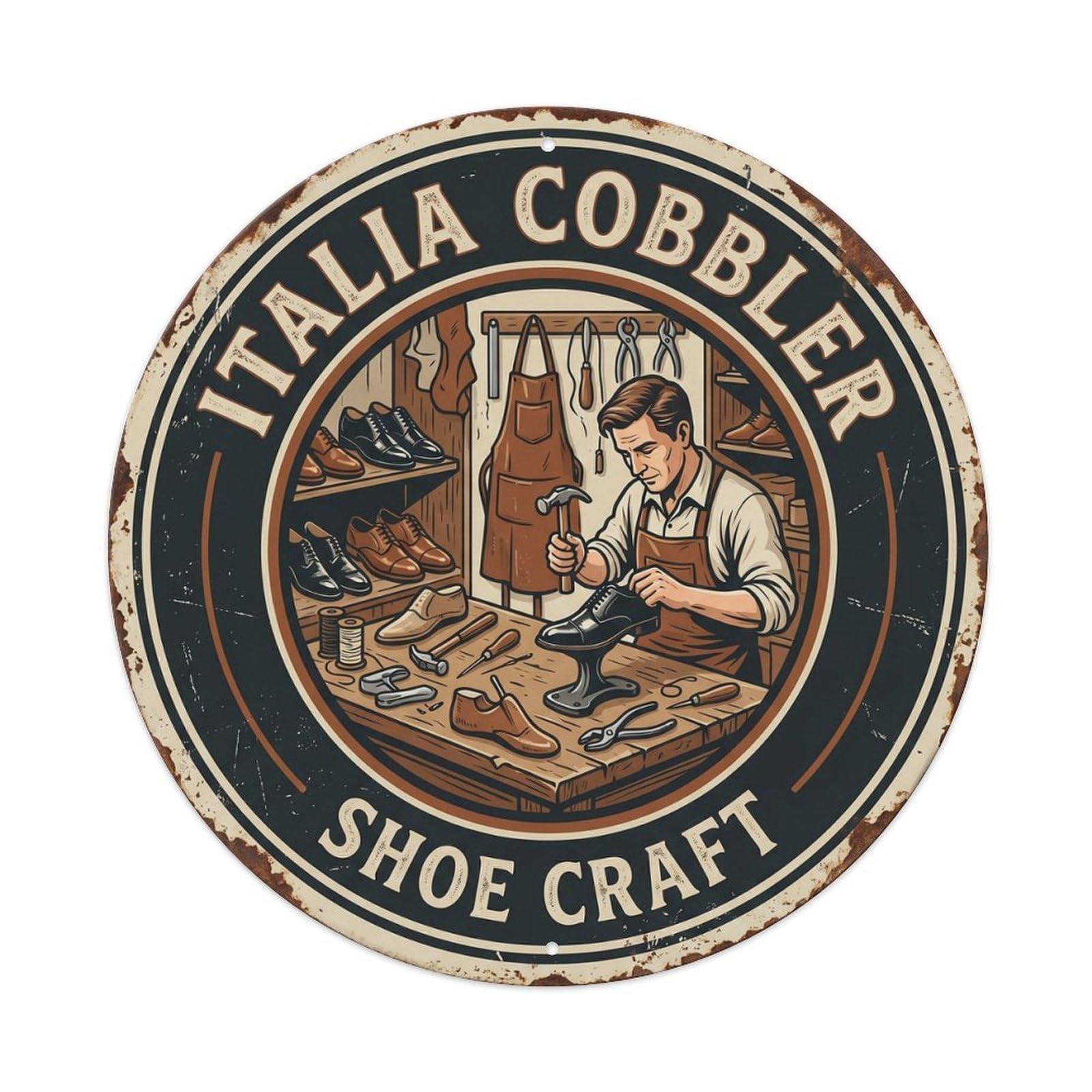Cobbler Shoe Craft Italy Workshop Metal Tin Sign Plaque Wall Decor for Cafe, Club, Garden Round Metal Poster 8x8Inch