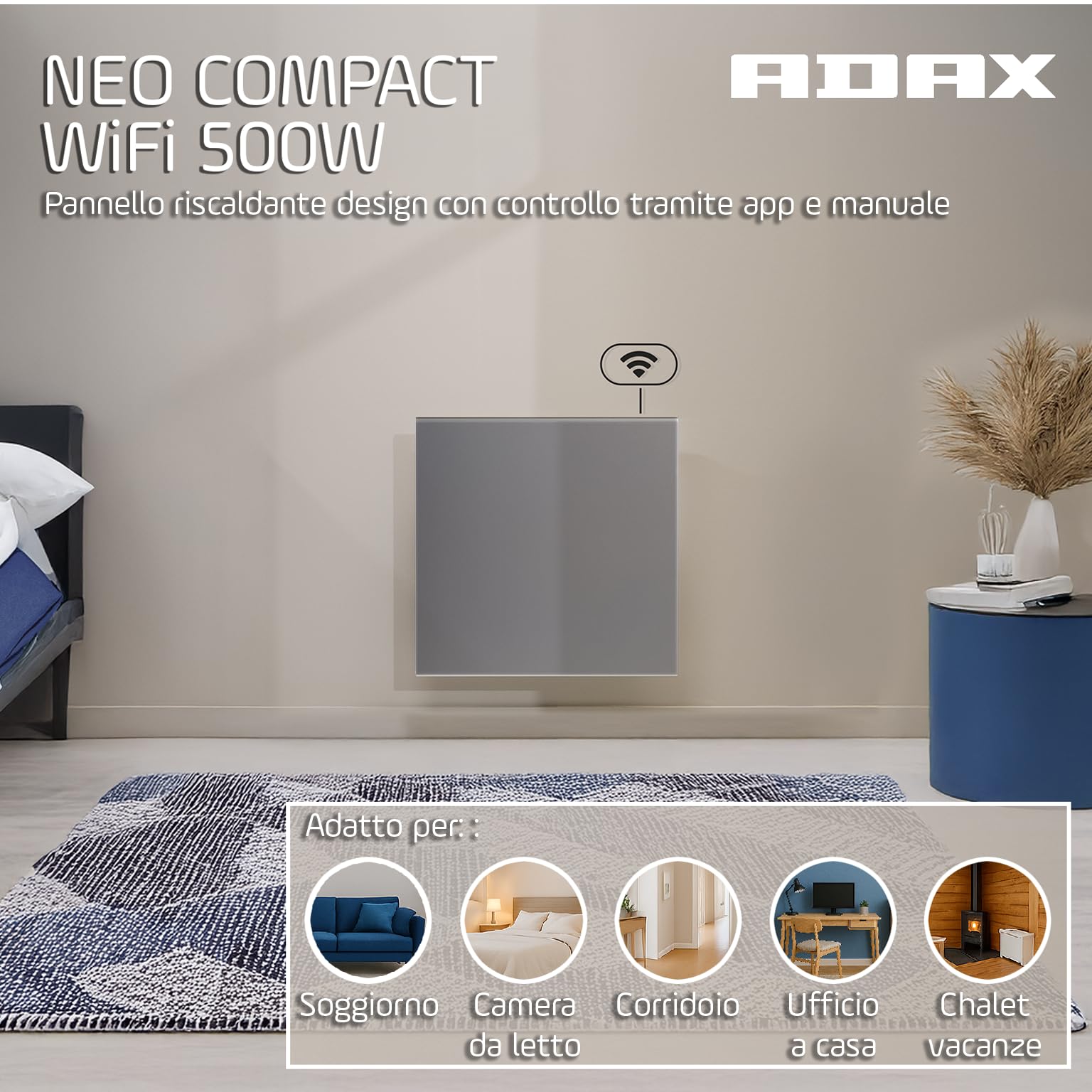 Adax Neo Compact - Convettore da parete intelligente WiFi - 500W | Controllo smartphone | Stufetta elettrica basso consumo bagno | Scaldino Elettrico | Altezza 420 mm | Grigio KWT | IP24C