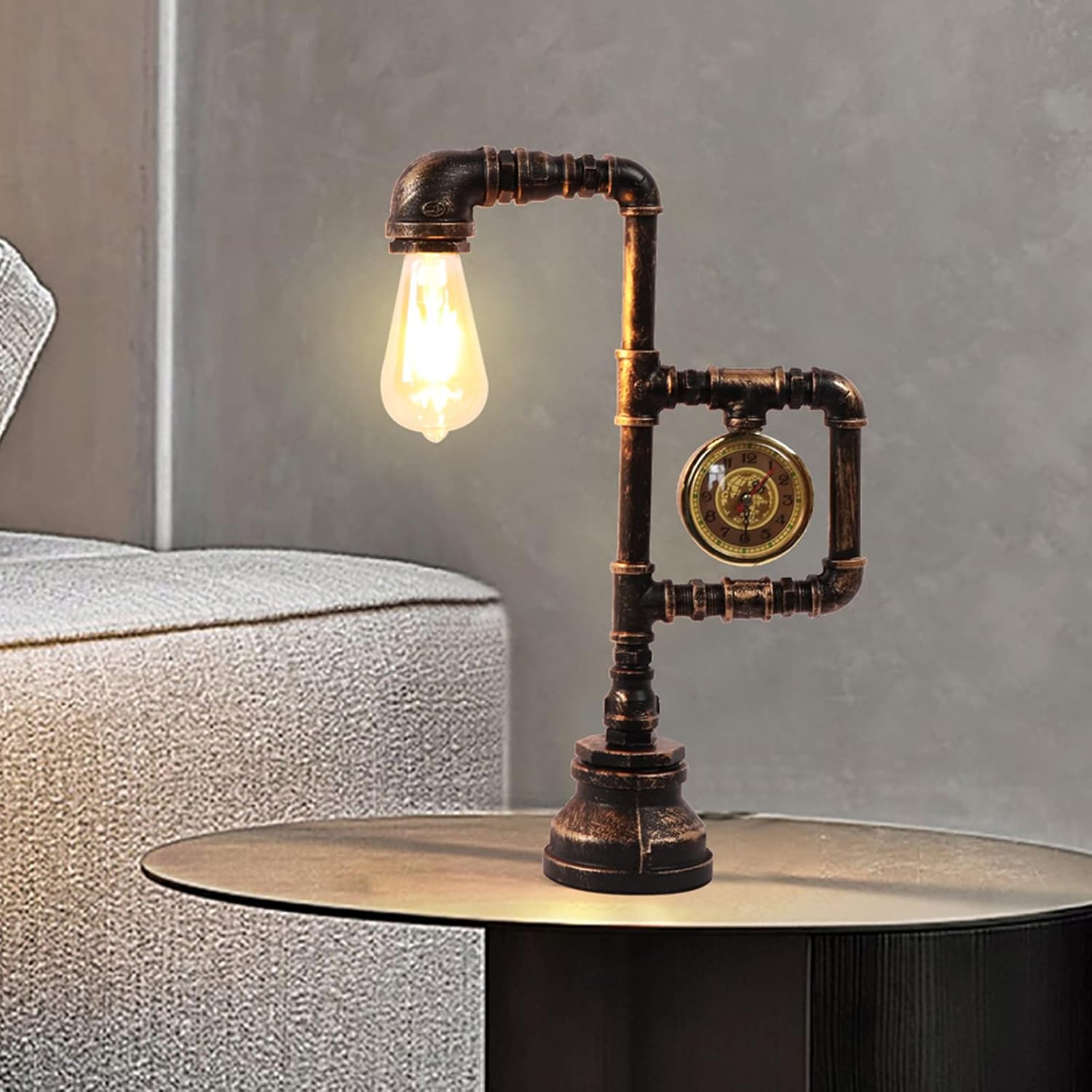 TFCFL Retro Water Pipe Table Lamp for Bedroom, Vintage Steampunk Desk Lamp with Clock Plug-in Table Lamp Light Nightstand Lamp E26 60W Max for Living Room