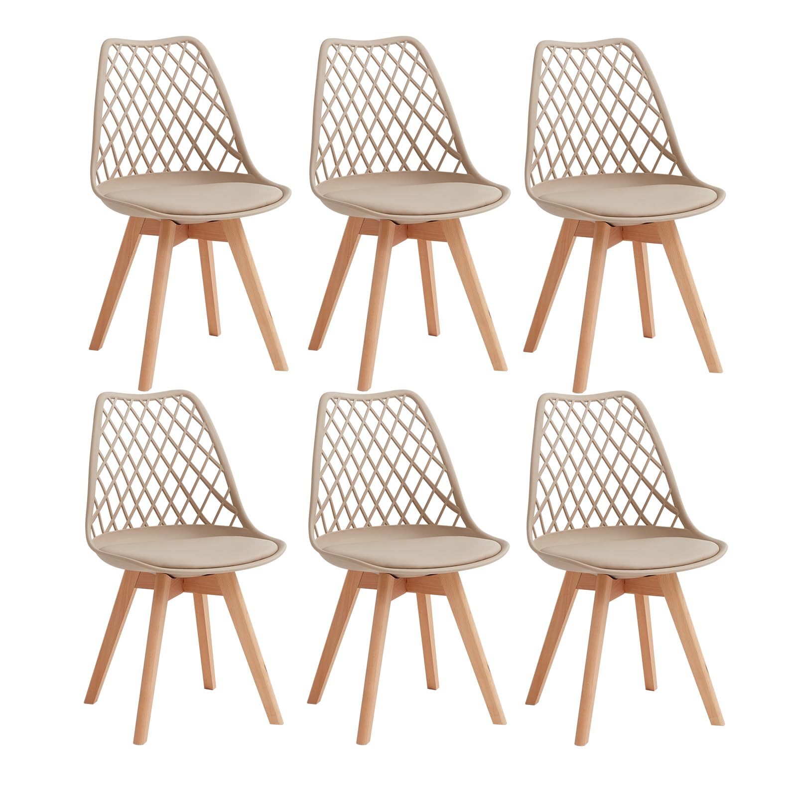 Set di 6 Sedie da Sala da Pranzo, Sedia da Cucina con Schienale in Rete Cava e Gambe in Legno di Faggio, Sedia da Soggiorno con Cuscino Morbido in Pelle PU - Cachi