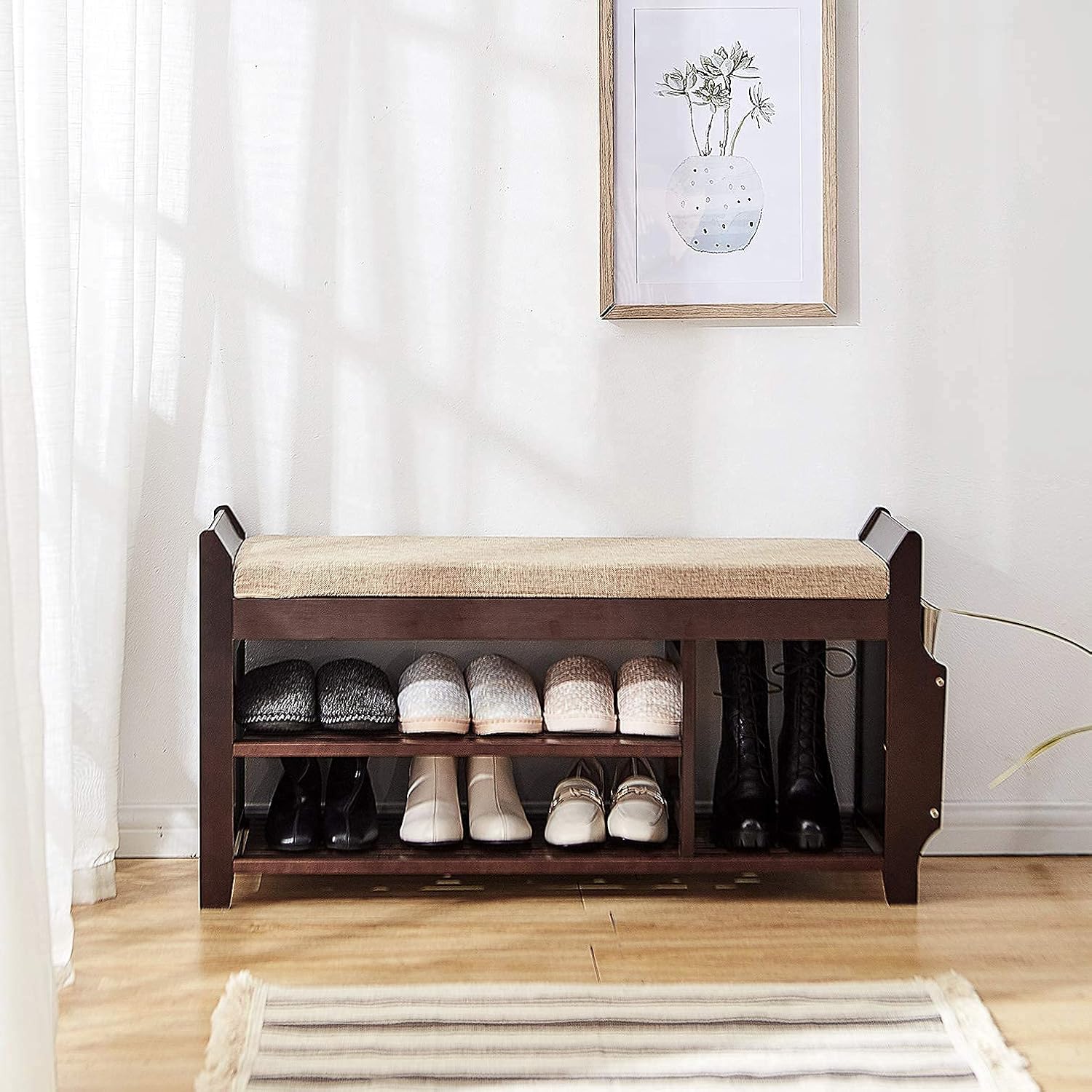 Bеѕt Cуbеr Dеаlѕ 🔥 ZLELOUY Shoe Bench Shoe Rack Boot Organizer with baskets drawers For Hallway Entryway 2-Tier Bamboo Cushion Storage Shelf