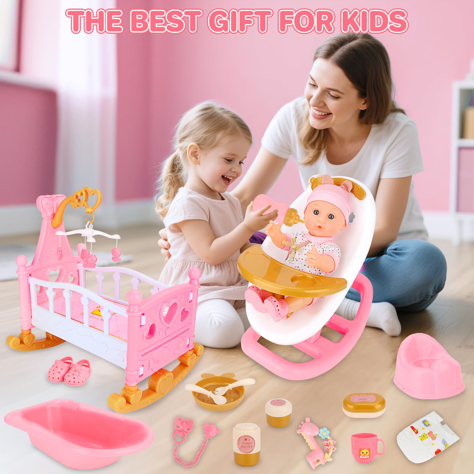 deAO Bambola con Accessori Set 21 Pezzi, Regalo per Bambine 3 Anni | Seggiolone, Lettino a Dondolo, Bambola Baby da 30 cm, Biberon, Ciuccio, Pannolino, Stoviglie, Vestitini, Gioco di Ruolo