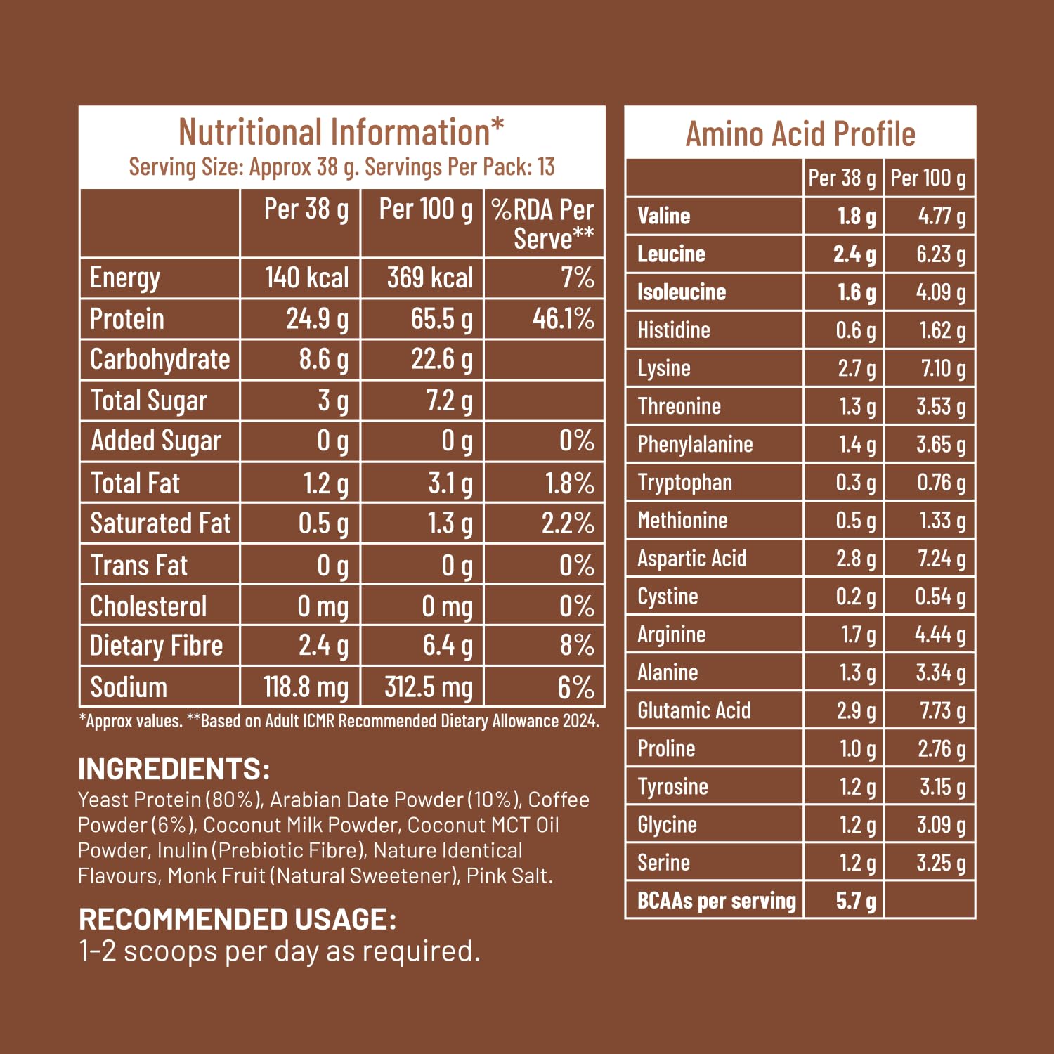 Mille Plant Protein | 25g Protein/Scoop - Coffee Hazelnut | Made with Fermented Yeast Protein | No Bloat Vegan No Added Sugar | Has All 9 Essential Amino Acids | No Adulteration | 38g Trial Pack — Amazon image 6