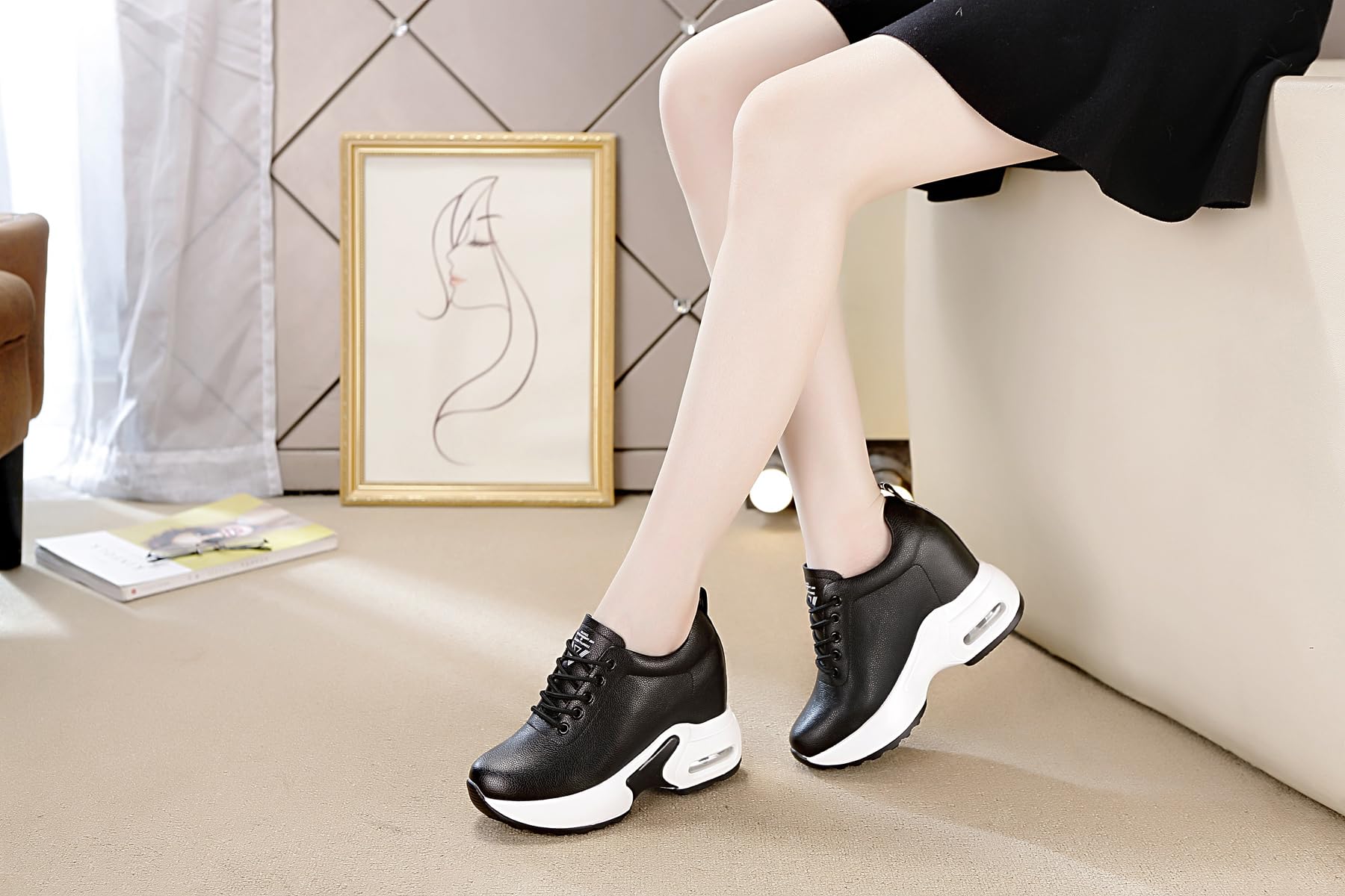 Zapatillas Deportivas Cuña Interior Mujer 10 cm Cuero Zapatos Running Fitness Gym Outdoor Sneakers Cuña Alta Talón Plataforma Casual