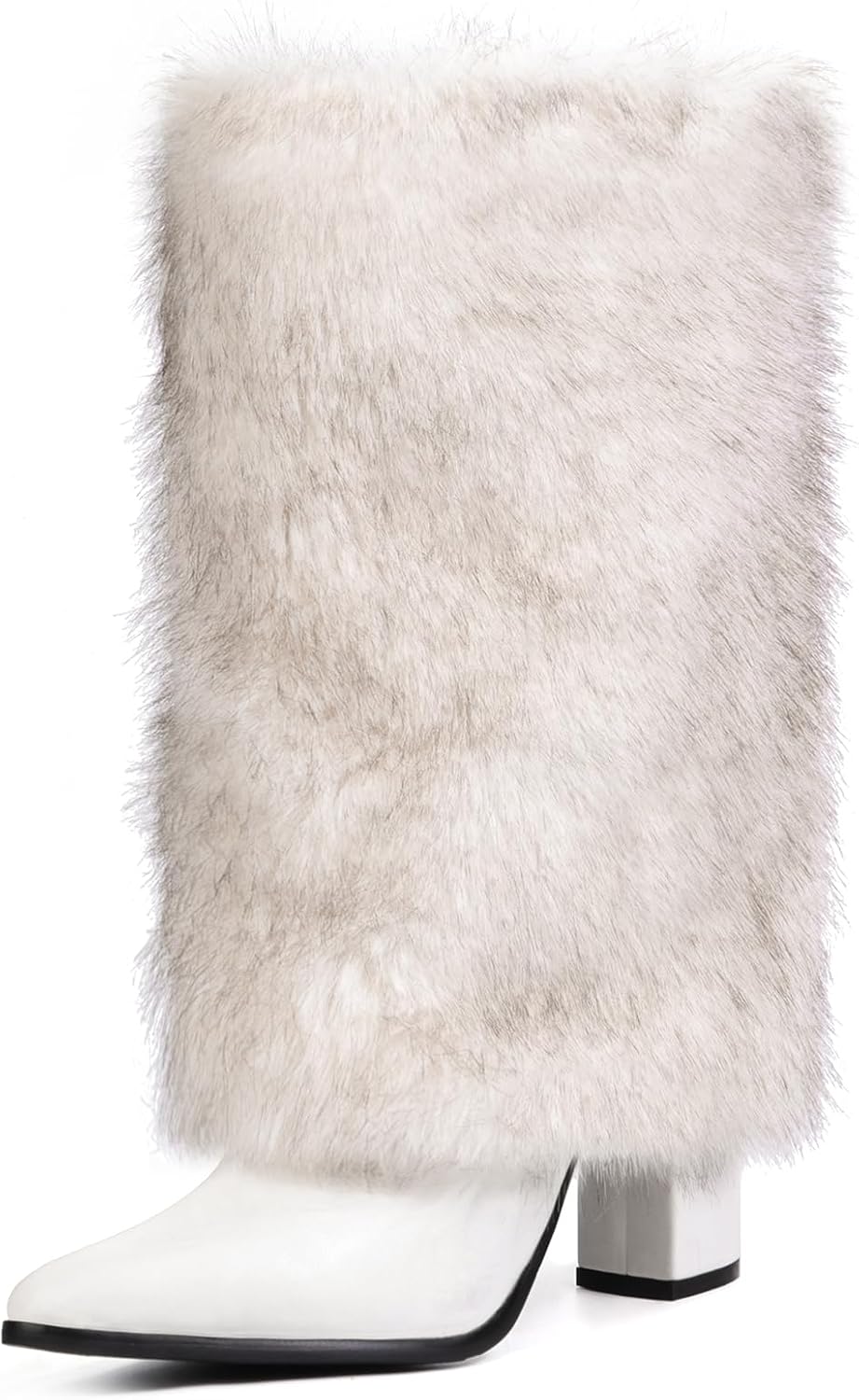Womens 3.3-inch Chunky Mid Calf Fur Heel Boots Furry Fuzzy Fluffy Pointed Toe Boots for Women Short Wide Calf Fall Winter Snow Fold Over Boot with Side Zipper