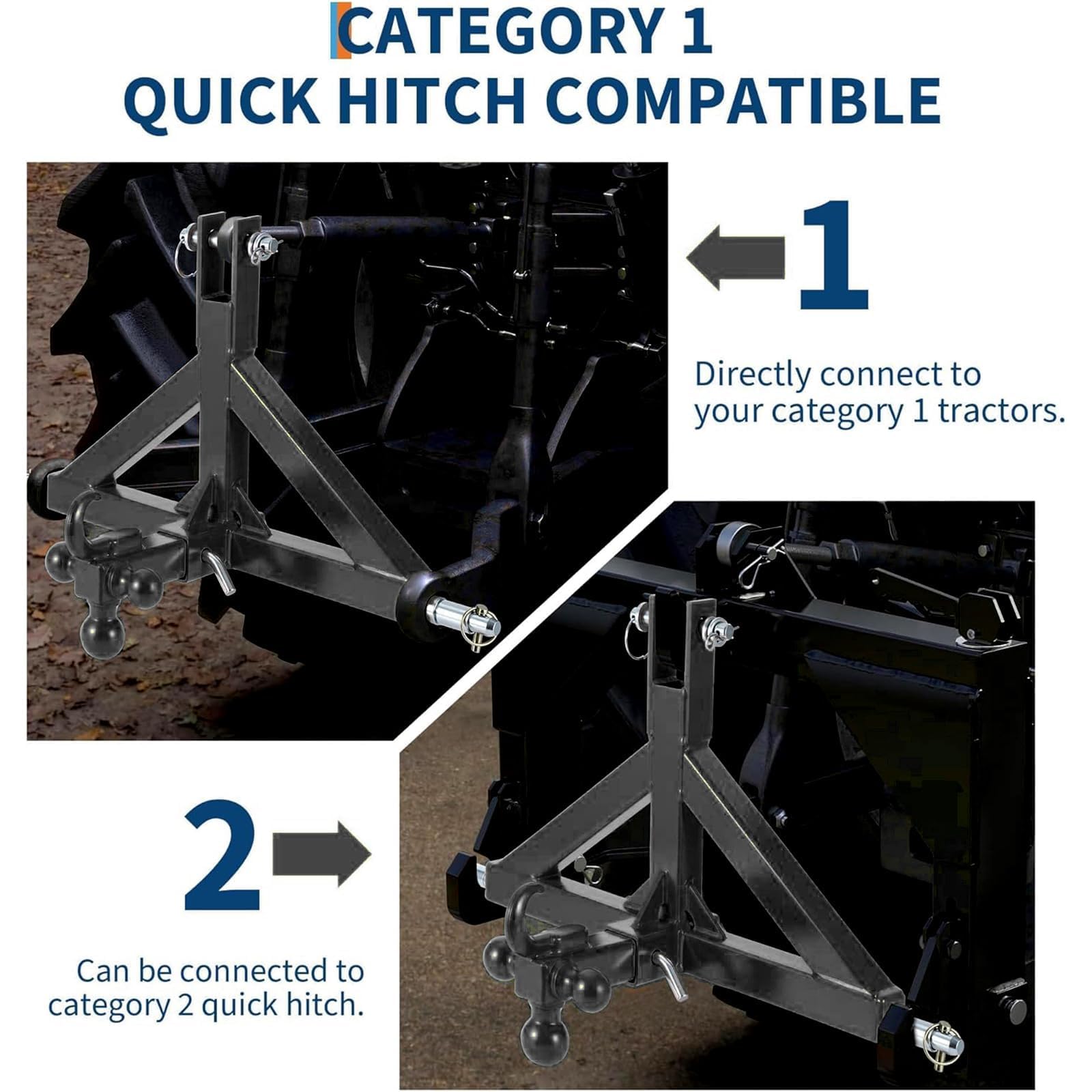 Garvee Enganche de 3 puntos resistente para tractores Categoría 1 – Bola de enganche y gancho, receptor de 2", capacidad de 10.000 lbs – Accesorio agrícola versátil para remolque pesado