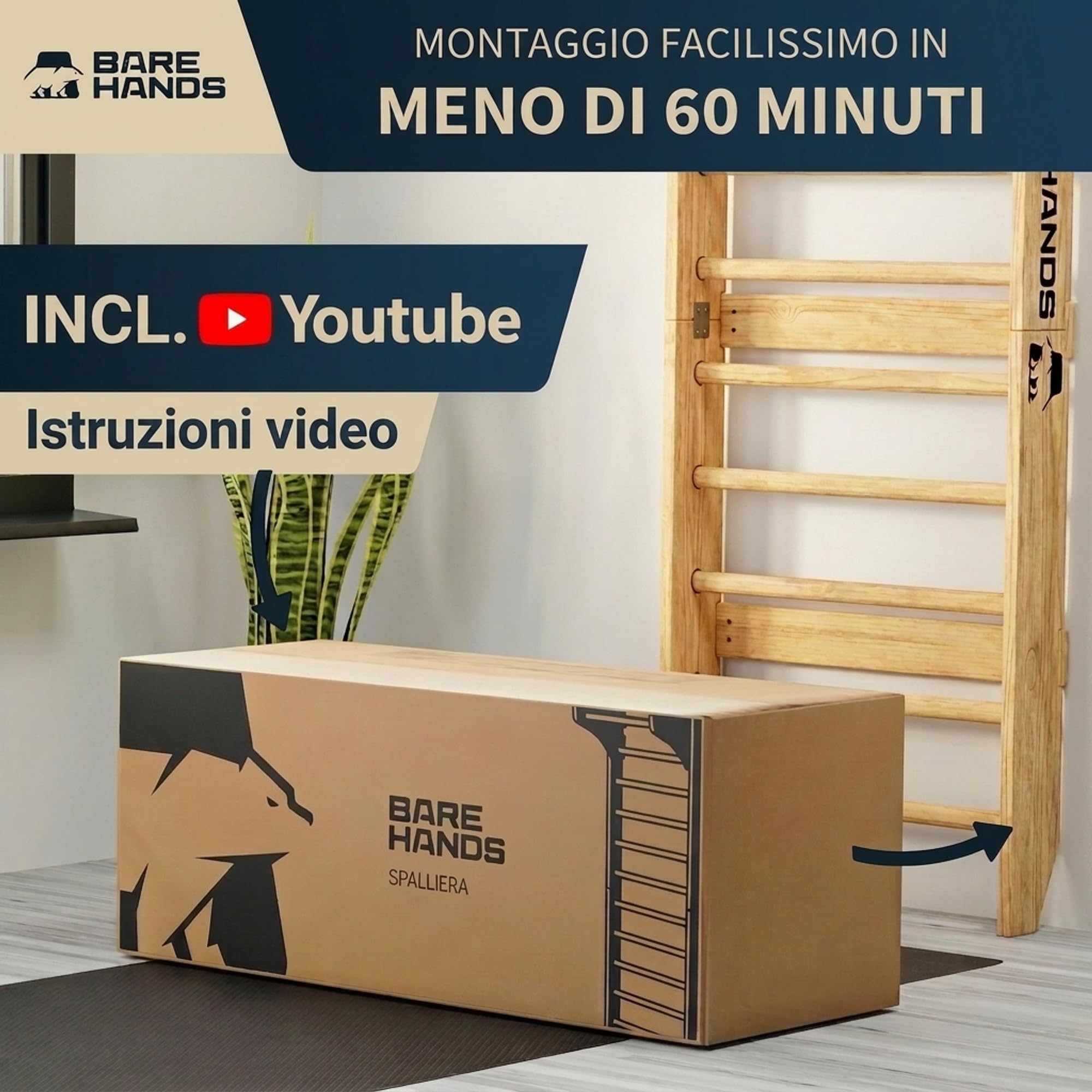 Bare Hands Spalliera Svedese in Legno per Adulti e Bambini – Parete da Ginnastica e Arrampicata Fino a 200 kg – Estremamente Robusta – Disponibile con o Senza Barra per Trazioni e Dip
