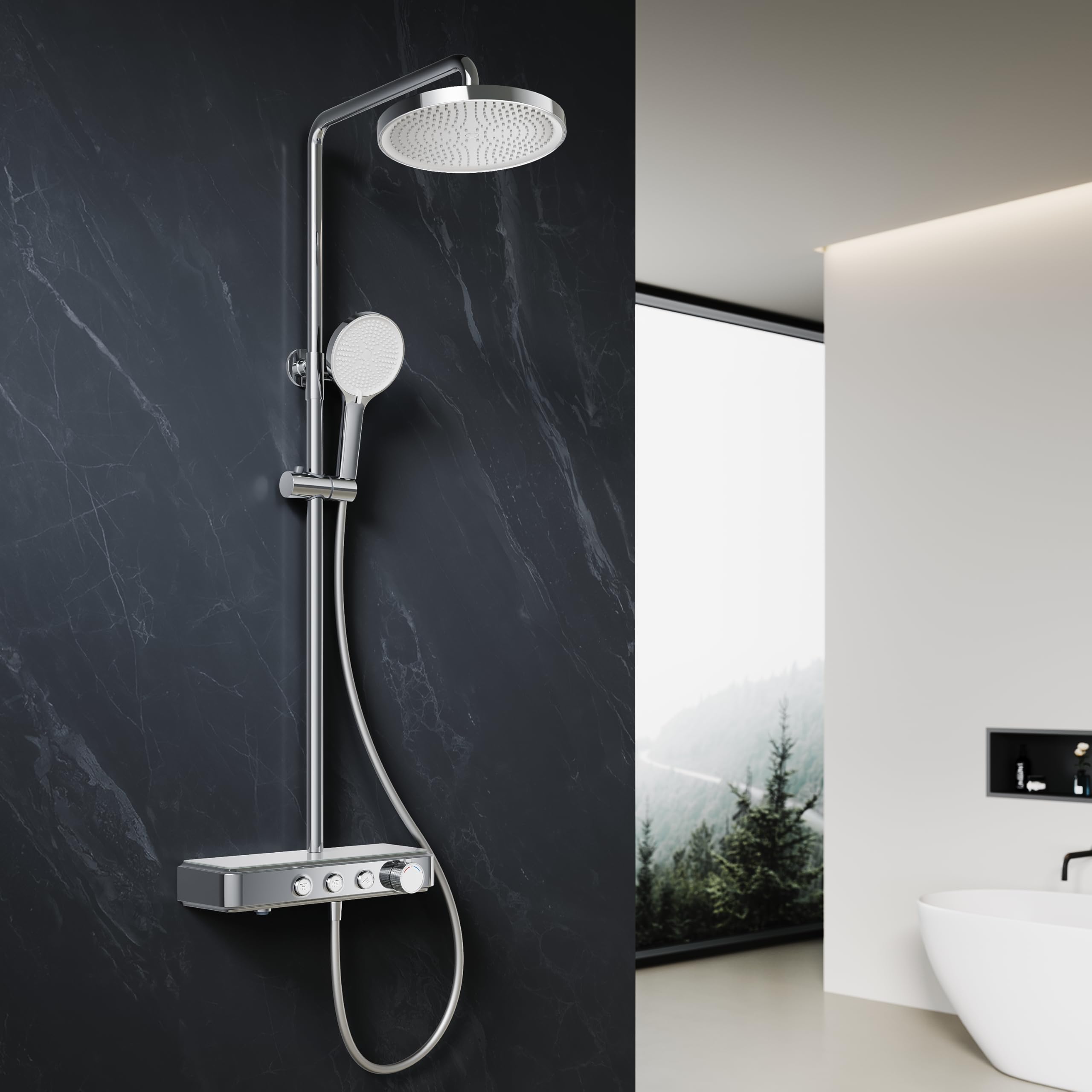 ELEGANT Thermostatic Shower Mixer Set with 11" Round Rainfall Shower Head, French Wannai Valve Core with Child Lock, 3 Modes Round Shower Head with Mobile Stand, Tub Spout, Anti-Scald,Easy Install