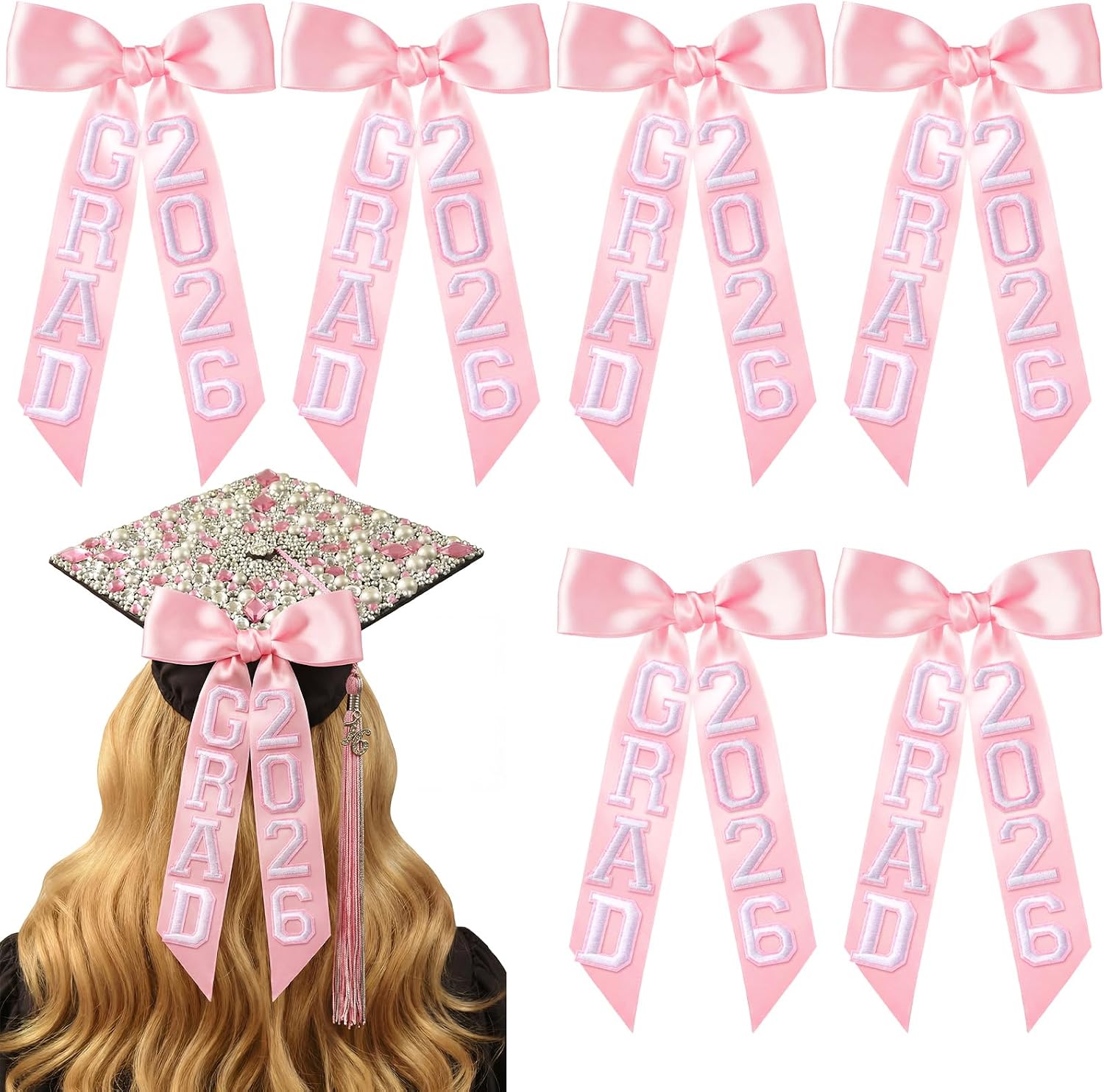 Thiccywoov 6 Pcs Class of 2026 Graduation Bow Graduation Cap Decorations Grad 2026 for Class of 2026 Grad Party Decorations (Pink)