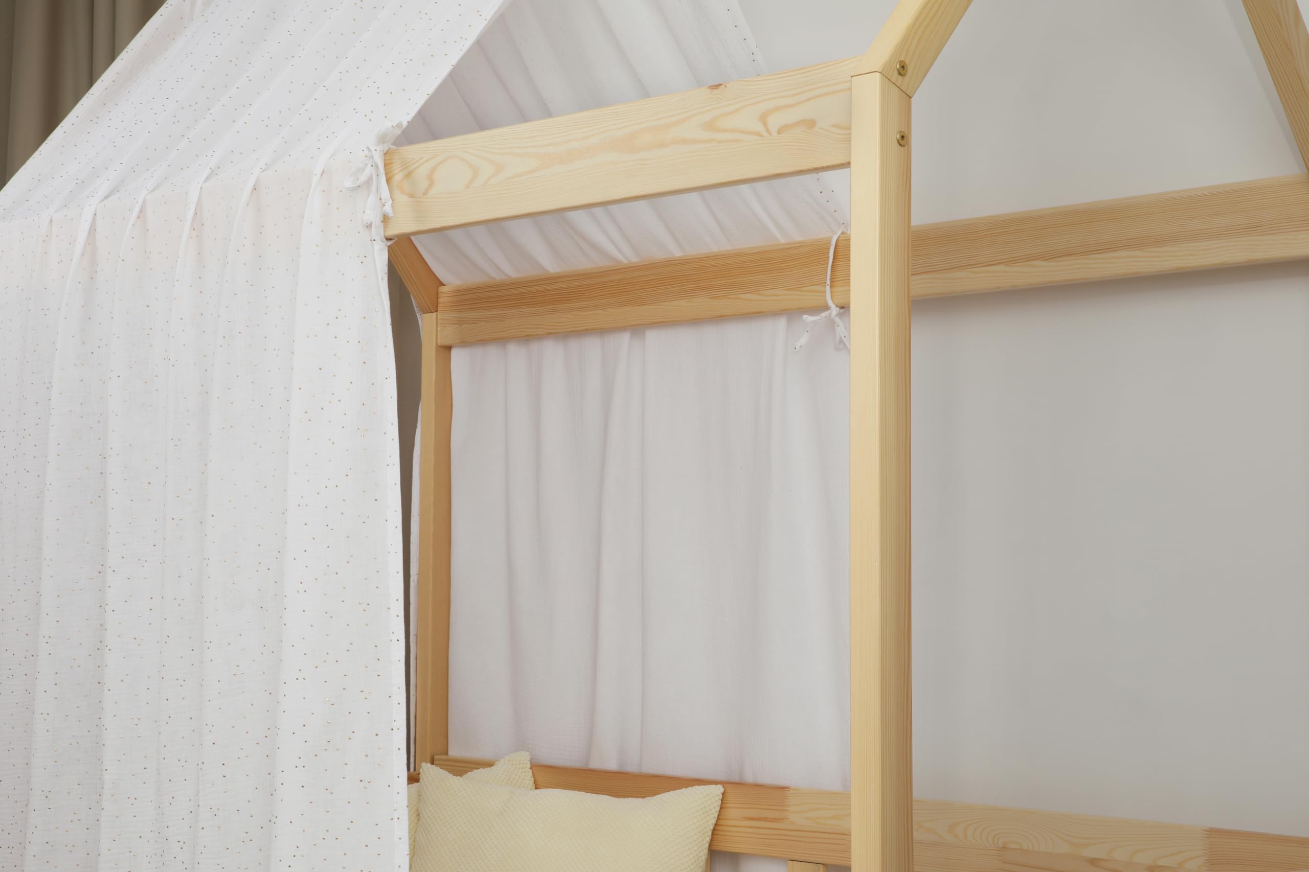 Tenda Letto Bambini 100% Cotone - Tenda per Letto Bambini Montessori 80x160 e 90x200cm - Modelo 1 (Bianco/Oro, 120 x 370 cm)