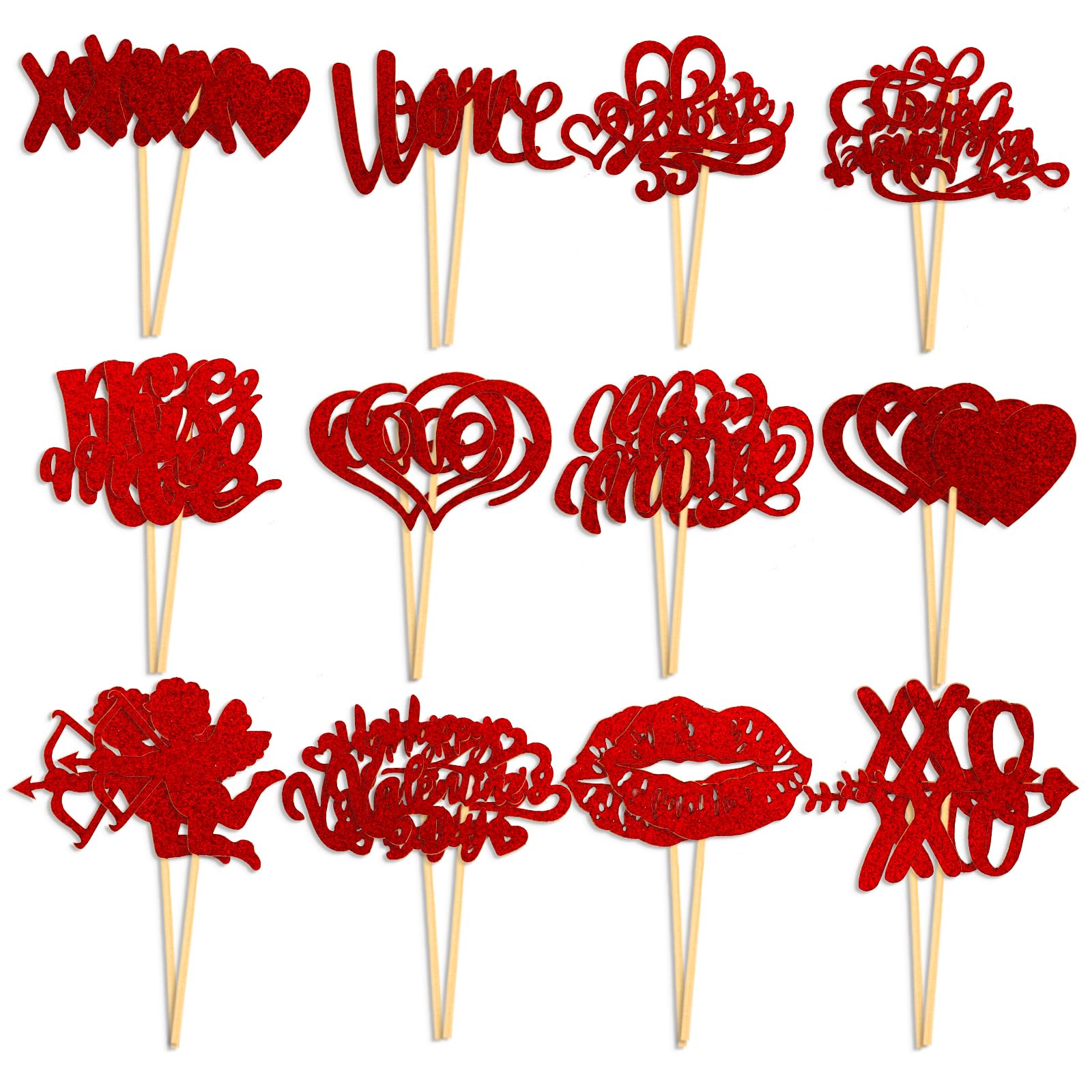Valentines Day Cupcake Toppers, 24 Pcs Red Cake Toppers for Valentines Cake Decorations Wedding Engagement Bridal Shower Cake Decorations