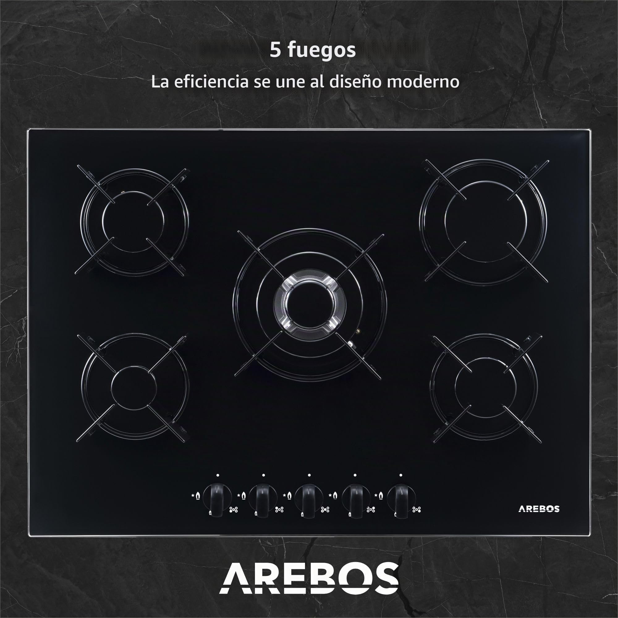 Arebos Placa de gas 70 cm 5 quemadores | Vidrio templado | Empotrable con soportes de hierro fundido | Compatible con gas natural y propano | Encendido seguro integrado