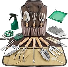 14 PCS Garden Tool Set with Soil Moisture Meter, Stainless Stell Heavy Duty Gardening Hand Tools with Wood Handle, Tote Bag, Repotting Mat, Gardening Tool Set Ideal Gift for Women and Men