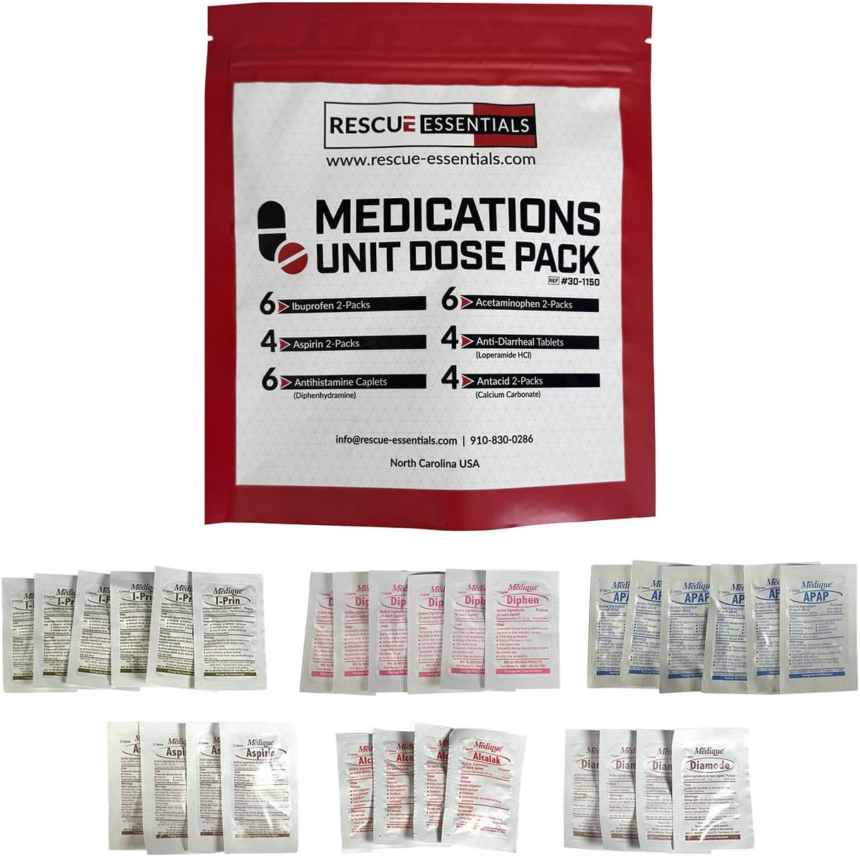Rescue Essentials Medications Dose Pack–First Aid Refill Kit with Ibuprofen, Acetaminophen, Aspirin, Antihistamine, Anti-Diarrheal & Antacid– Compact Emergency Travel & IFAK Supply-1 Module (30 Doses)
