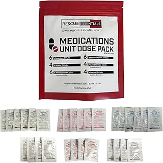 Rescue Essentials Medications Dose Pack–First Aid Refill Kit with Ibuprofen, Acetaminophen, Aspirin, Antihistamine, Anti-Diarrheal & Antacid– Compact Emergency Travel & IFAK Supply-1 Module (30 Doses)