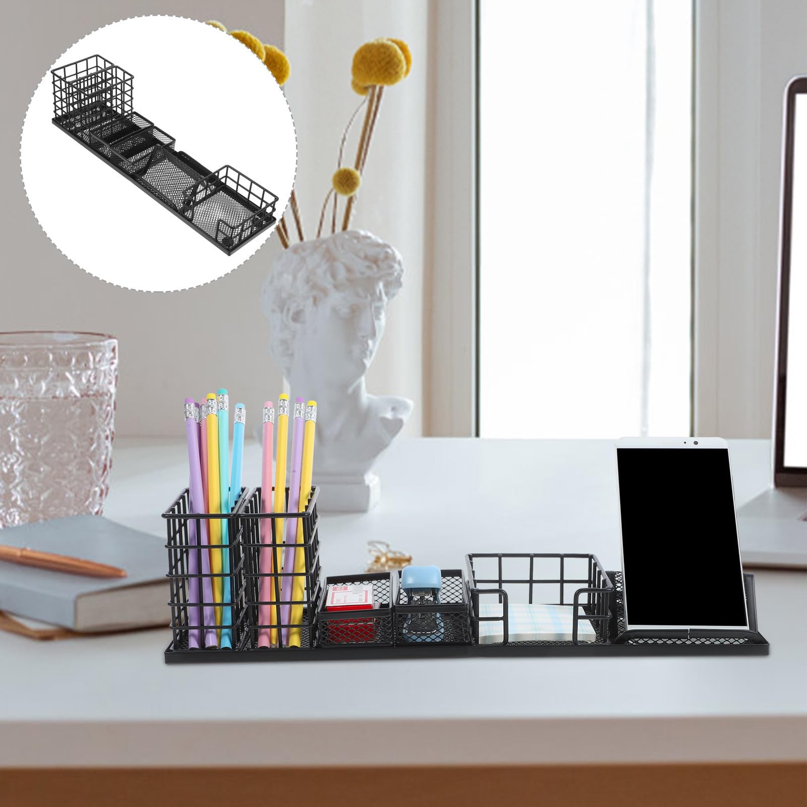 Organizador de Escritorio de Oficina de Hierro Negro, 7 Piezas | Estilo Simple y Moderno, Almacenamiento Ligero para Hogar y Despacho, Clasifica Útiles y Reglas